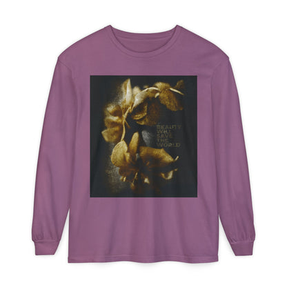 Berry long-sleeve shirt with original photography and “Beauty Will Save the World” on the front, inspired by Dostoevsky and glorifying Jesus Christ, Universal Creator & King.