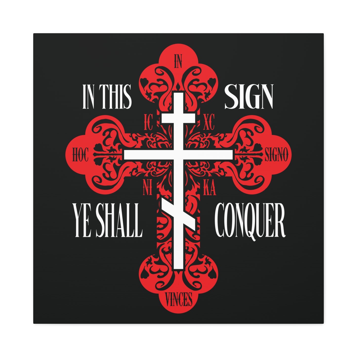 The "In This Sign Ye Shall Conquer | ICXC NIKA" Red Ornate Orthodox Cross features the phrase and symbolizes Orthodox faith and Christ’s victory, making it striking Christian wall art.