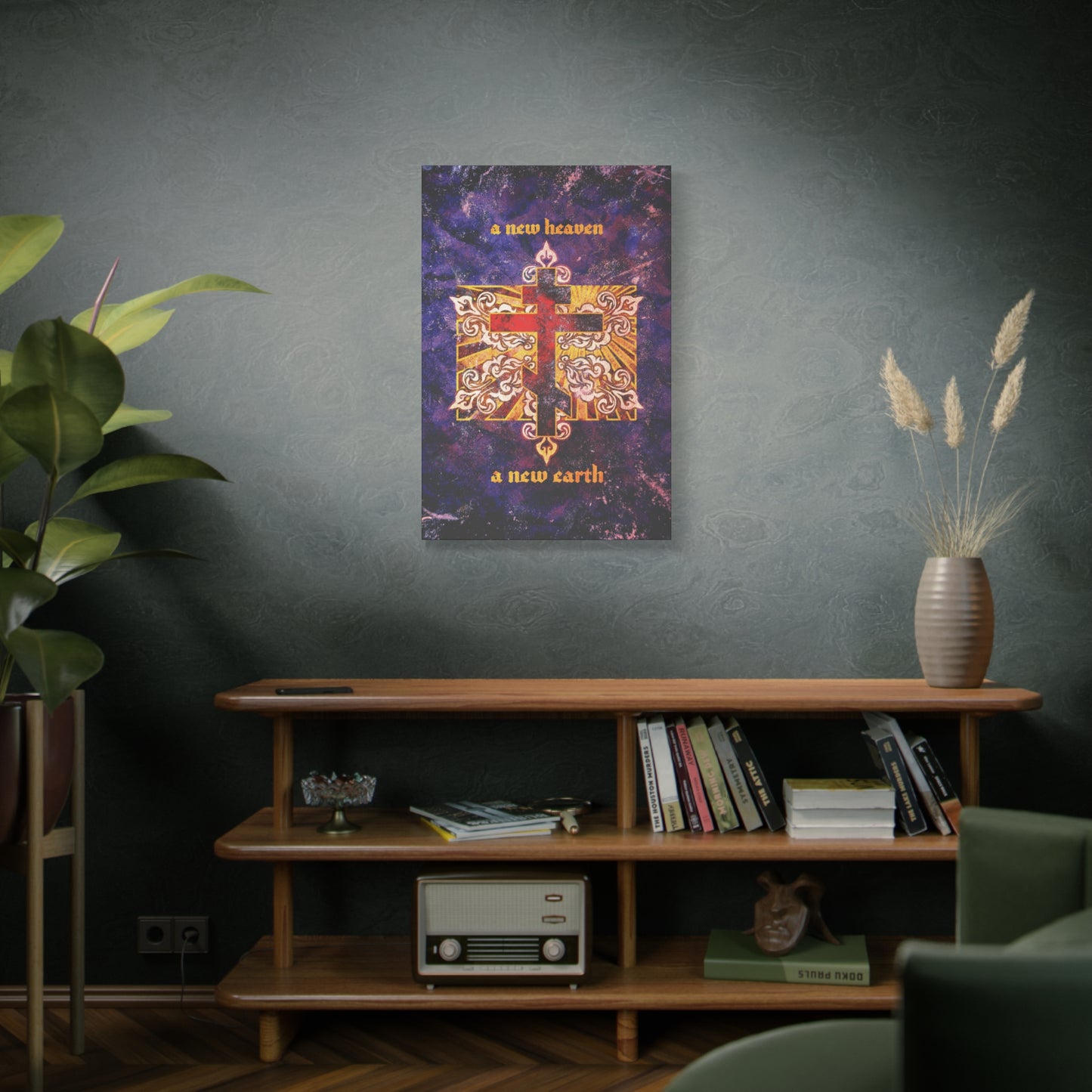 A New Heaven/A New Earth | Red Orthodox Cross on Textured Ornate Background | Christian Canvas Art