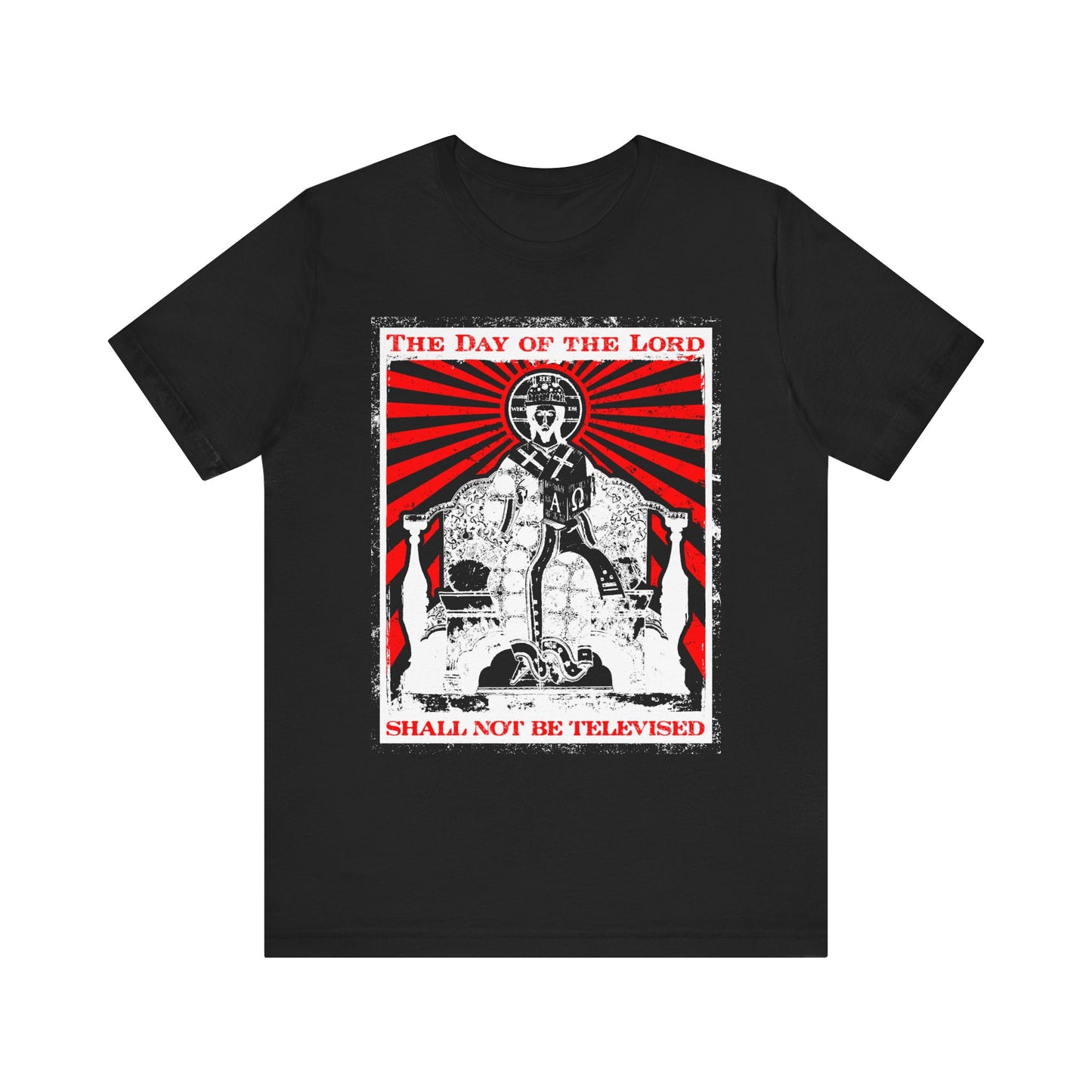 Black unisex lightweight cotton tee featuring a striking iconographic design of Jesus Christ with a crown, radiant red rays, and the text: The Day of the Lord Shall Not Be Televised—an expressive tribute to Christian faith and the powerful Revelation message about Christ’s Second Coming.