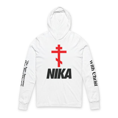 NIKA Orthodox Cross NIKE Logo Mashup | Crucified With Christ | Firstborn of the Dead | Sleeve Prints | Orthodox Long Sleeve Hooded Shirt