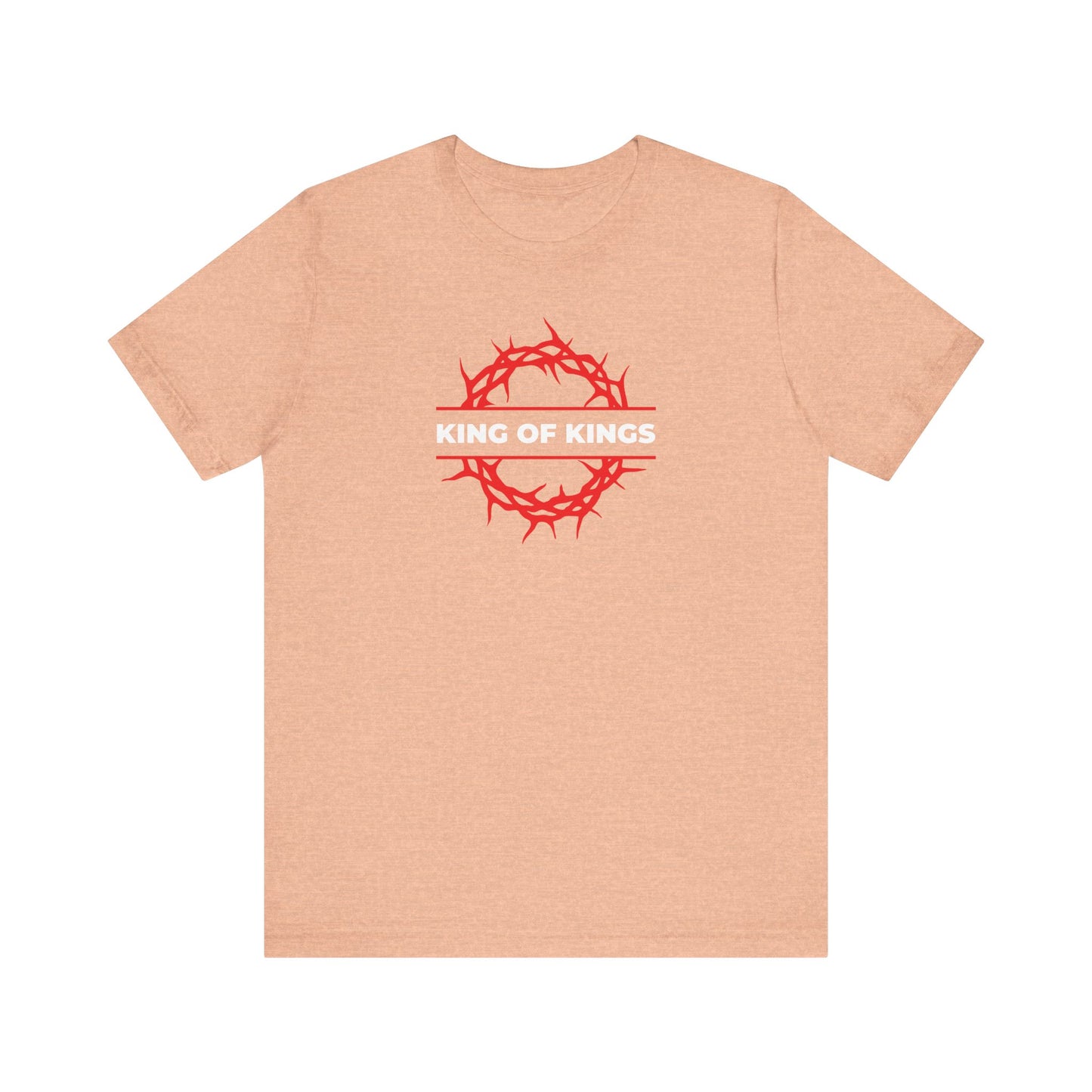 Heather Peach t-shirt featuring a red crown of thorns and “KING OF KINGS” in white text across the chest, inspired by Revelation 19:16 where Christ returns as King of Kings; product name: King of Kings Crown of Thorns | The King of Glory | Christ is King | Revelation 19:16 | Orthodox Lightweight Cotton Unisex T-Shirt.