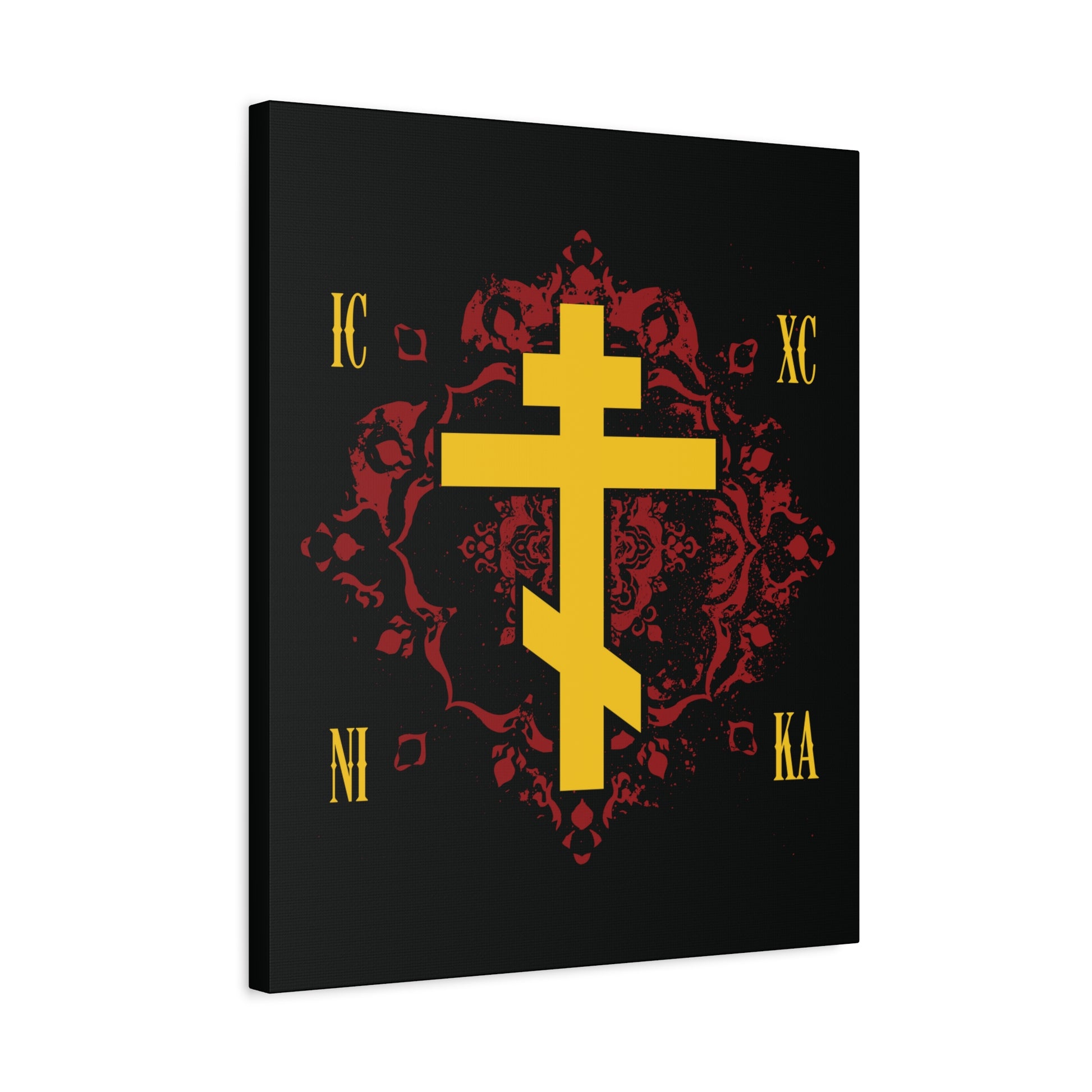 The "ICXC NIKA Yellow Russian Cross on Ornate Red Background" canvas art features a yellow cross, floral red backdrop, and IC XC NI KA letters on black, symbolizing Jesus Christ’s victory in Orthodox faith.