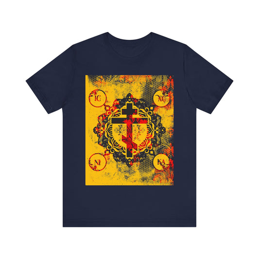 IC XC NIKA Orthodox Cross | Yellow & Red Modern & Medieval Textured Floral Design | Orthodox Christian T-Shirt