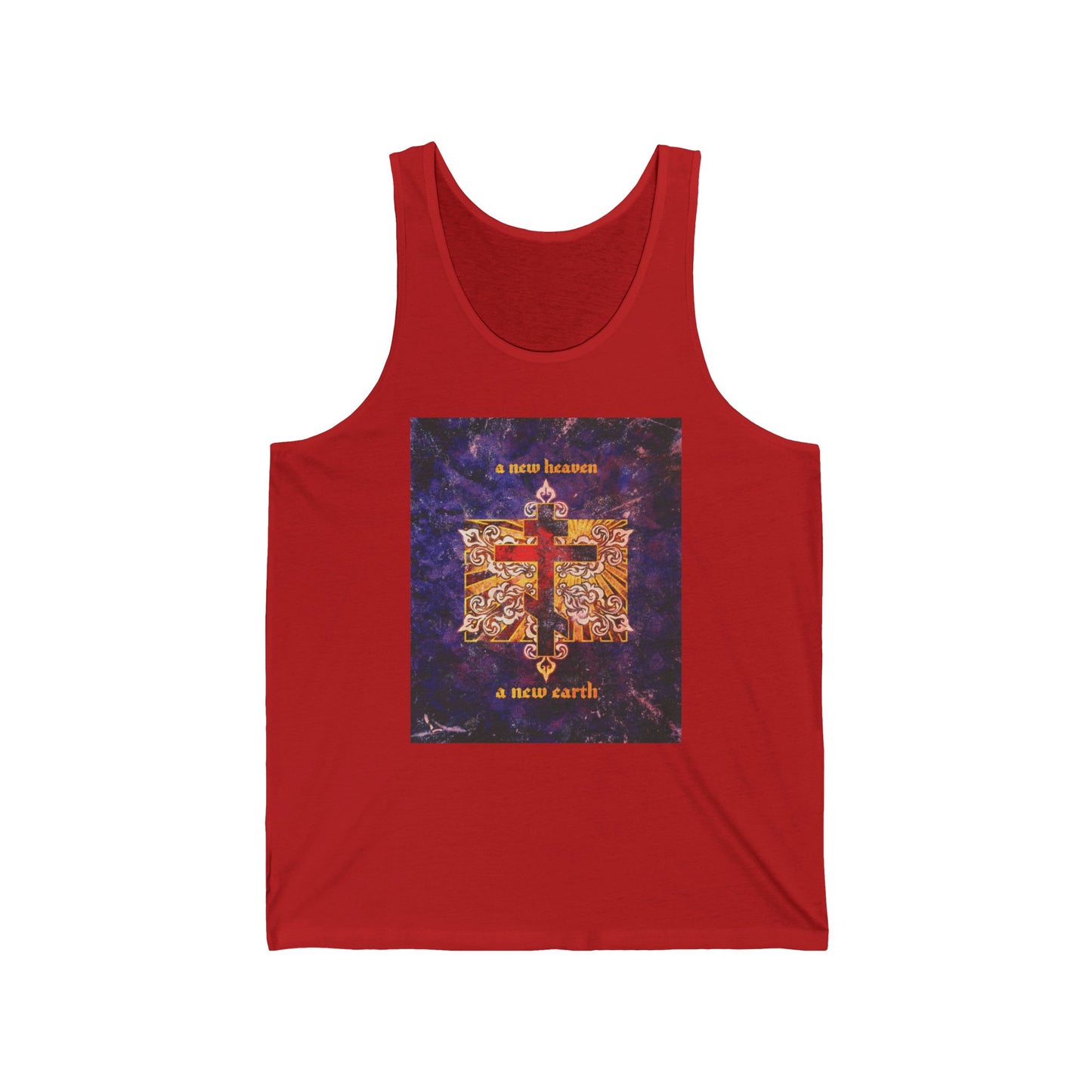 A New Heaven/A New Earth | Red Orthodox Cross on Textured Ornate Background | Apocalyptic | Orthodox Christian Cotton Tank Top