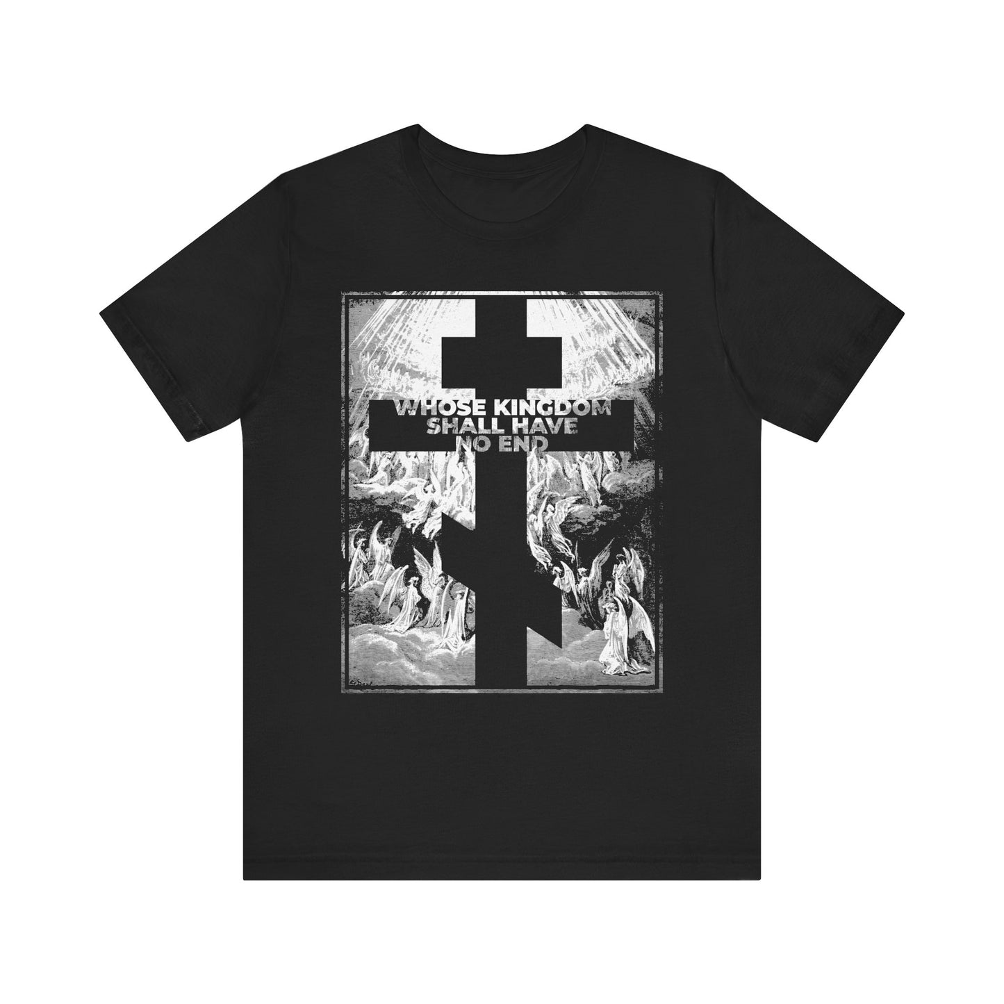 Whose Kingdom Shall Have No End | Nicene Creed / Symbol of Faith | Apocalypse | Revelation | Gustave Dore lightweight cotton unisex t-shirt featuring a bold cross, vintage-inspired artwork, and the iconic phrase WHOSE KINGDOM SHALL HAVE NO END from the Nicene Creed—an enduring statement of Christian faith.