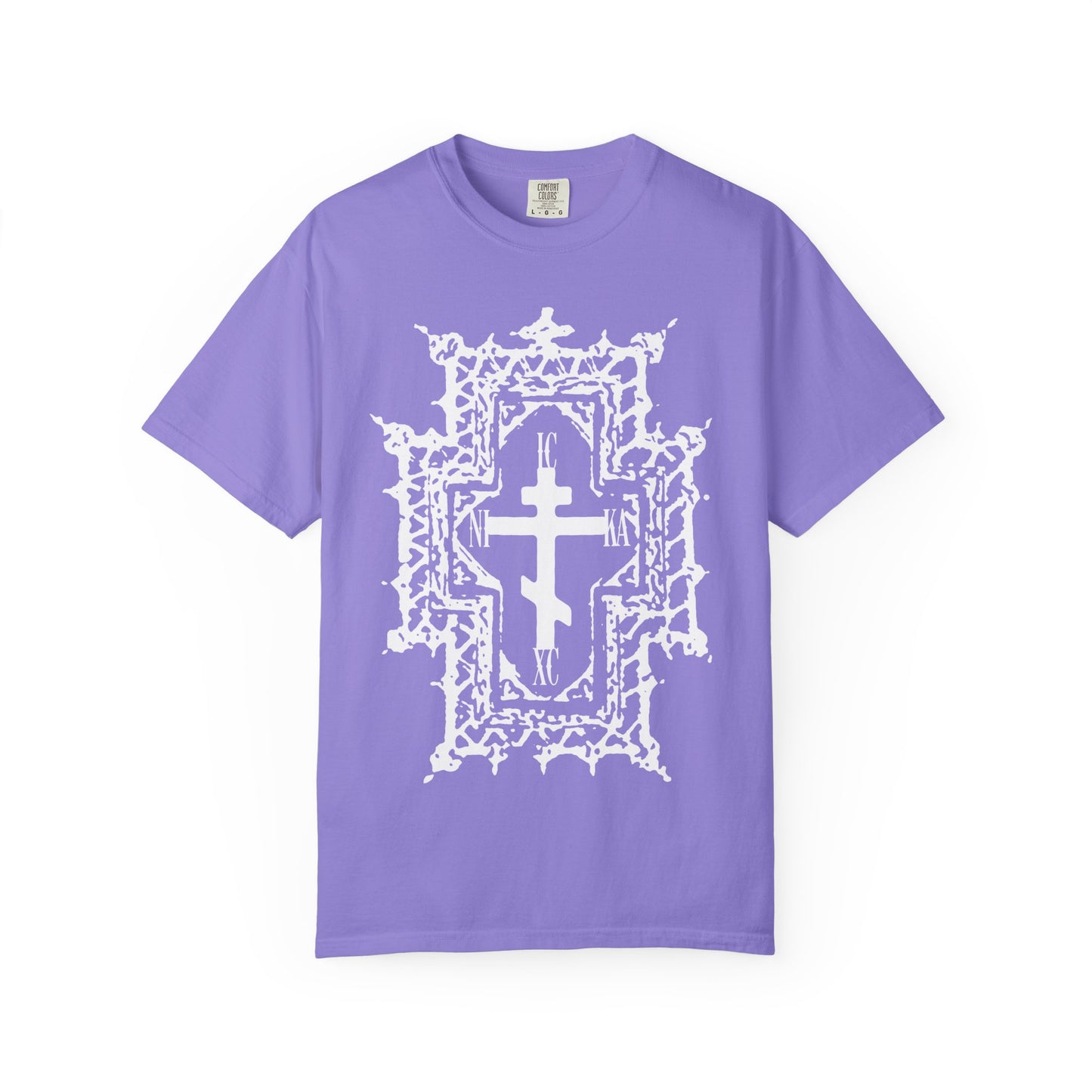 Violet ICXC NIKA “Jesus Christ Conquers” heavyweight cotton unisex tee featuring a large, ornate white Gothic Cathedral style Orthodox cross with a subtle crown of thorns design centered on the front, symbolizing healing by His wounds.