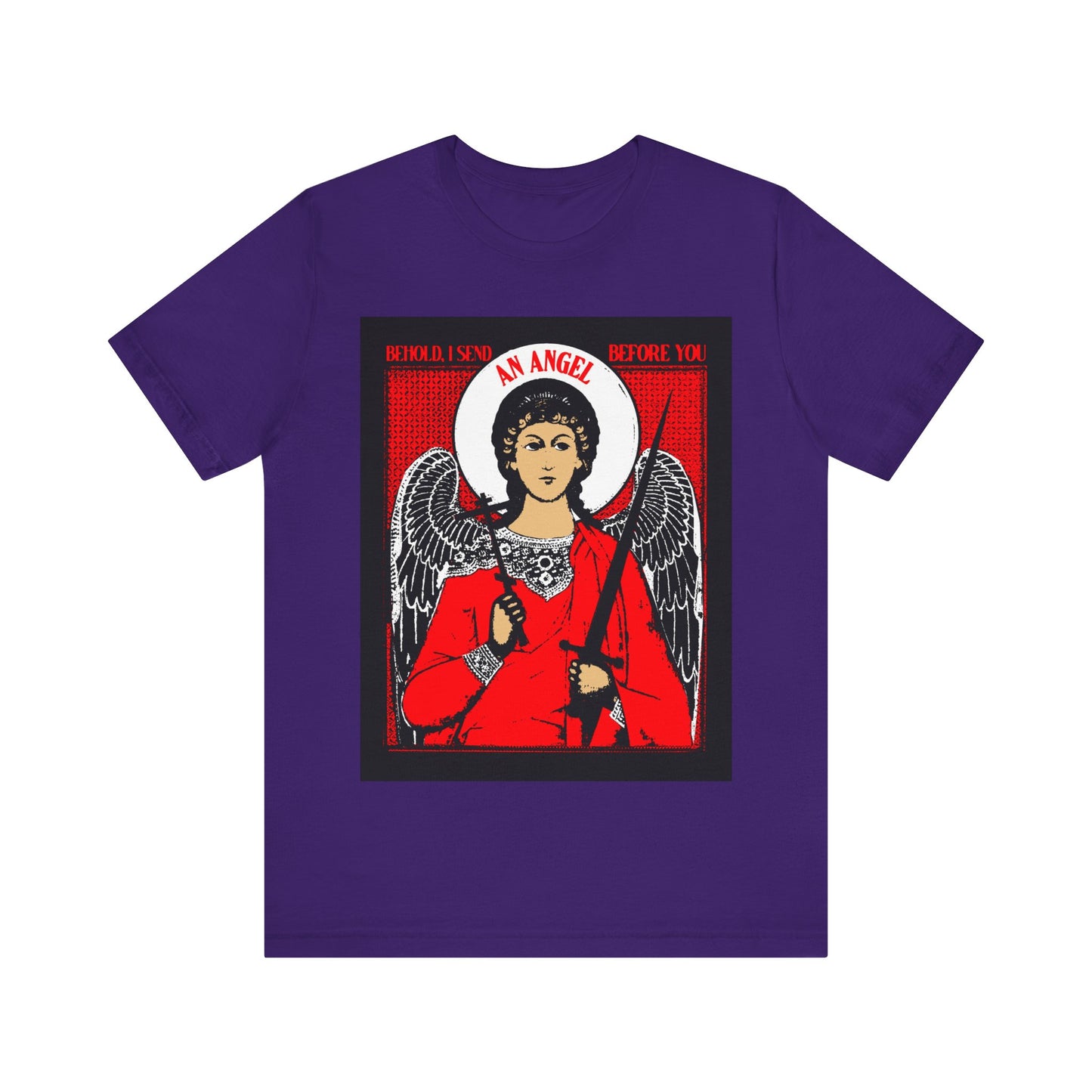 Behold, I Send an Angel Before You (Exodus 23:20) | Guardian Angel With Cross and Sword IconoGraphic | Orthodox Christian Cotton T-Shirt
