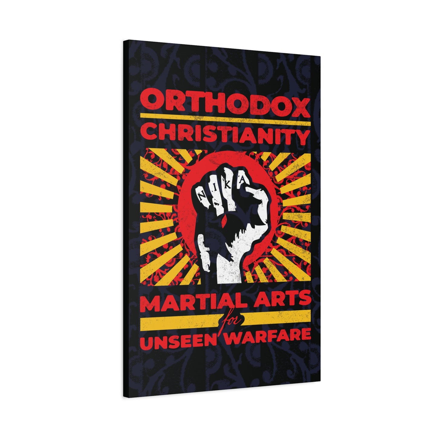 Orthodox Christianity: Martial Arts for Unseen Warfare | NIKA Jesus Fist on Colorful Sunburst Design | Orthodox Christian Canvas Art