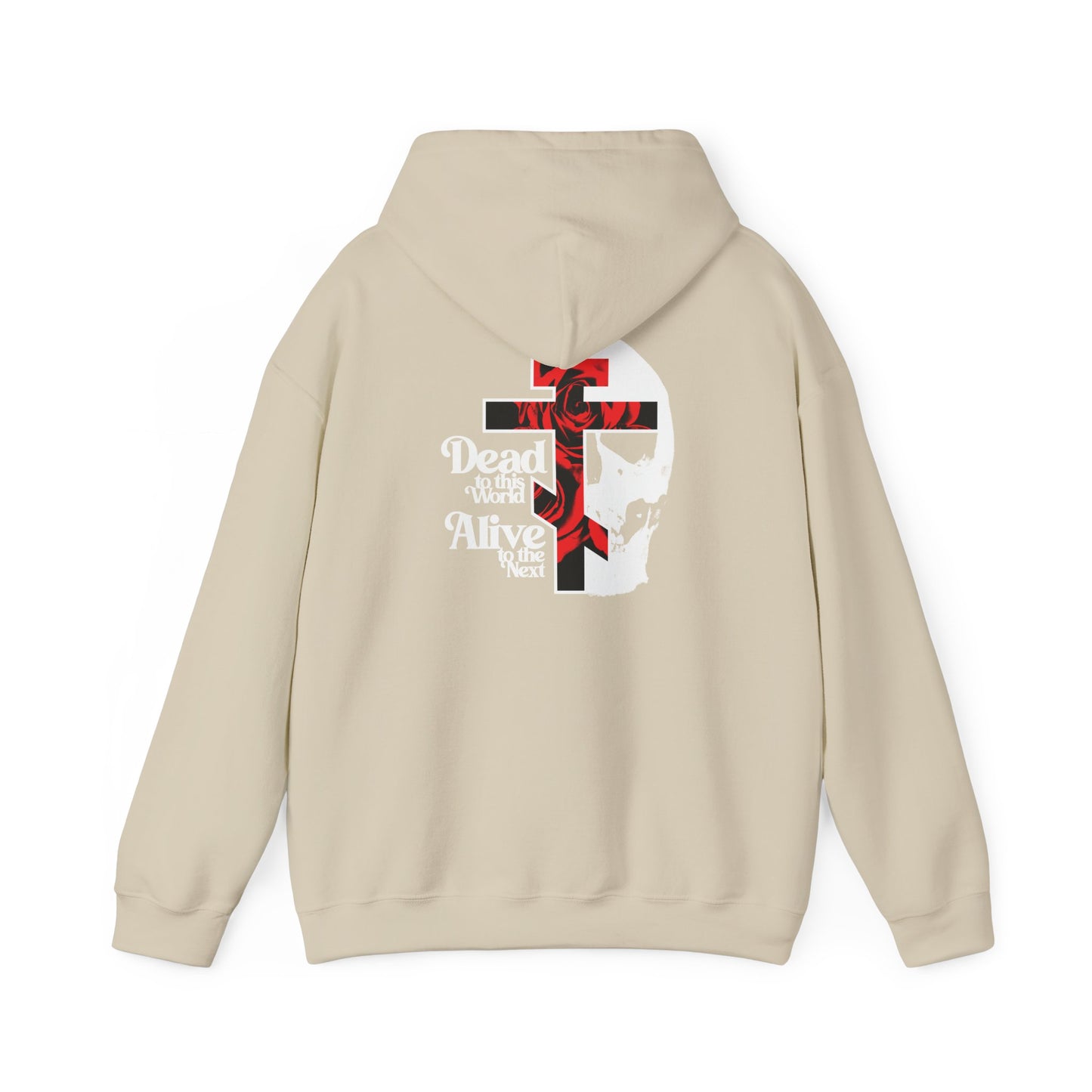 Sand-colored “Dead to this World” hoodie featuring a Christian goth flower cross and skull on the back, with bold 70s-inspired typography reading: Dead to This World, Alive in Christ. This bestselling Orthodox Christian design is inspired by The Ladder of Divine Ascent, symbolizing renunciation of the world and the journey toward dispassion through faith.