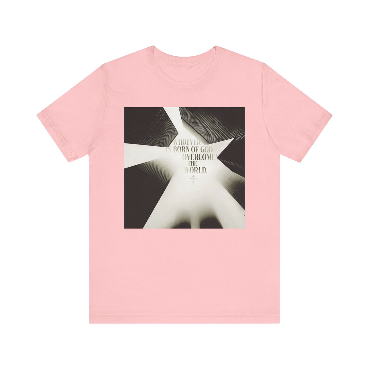 Pink "Whoever is Born of God Overcomes the World (St John the Theologian) | Modern Cityscape" Orthodox Christian lightweight cotton unisex T-shirt featuring an abstract black and white graphic and text inspired by 1 John 5:1–4 and the belief that Jesus is the Christ.