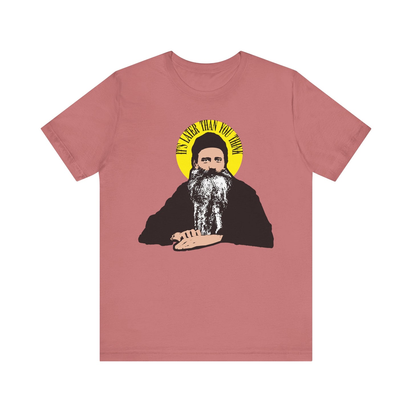 Mauve tee featuring St. Seraphim Rose with a yellow halo and the quote "It's Later Than You Think"—a lightweight unisex cotton shirt inspired by a modern American Orthodox saint.