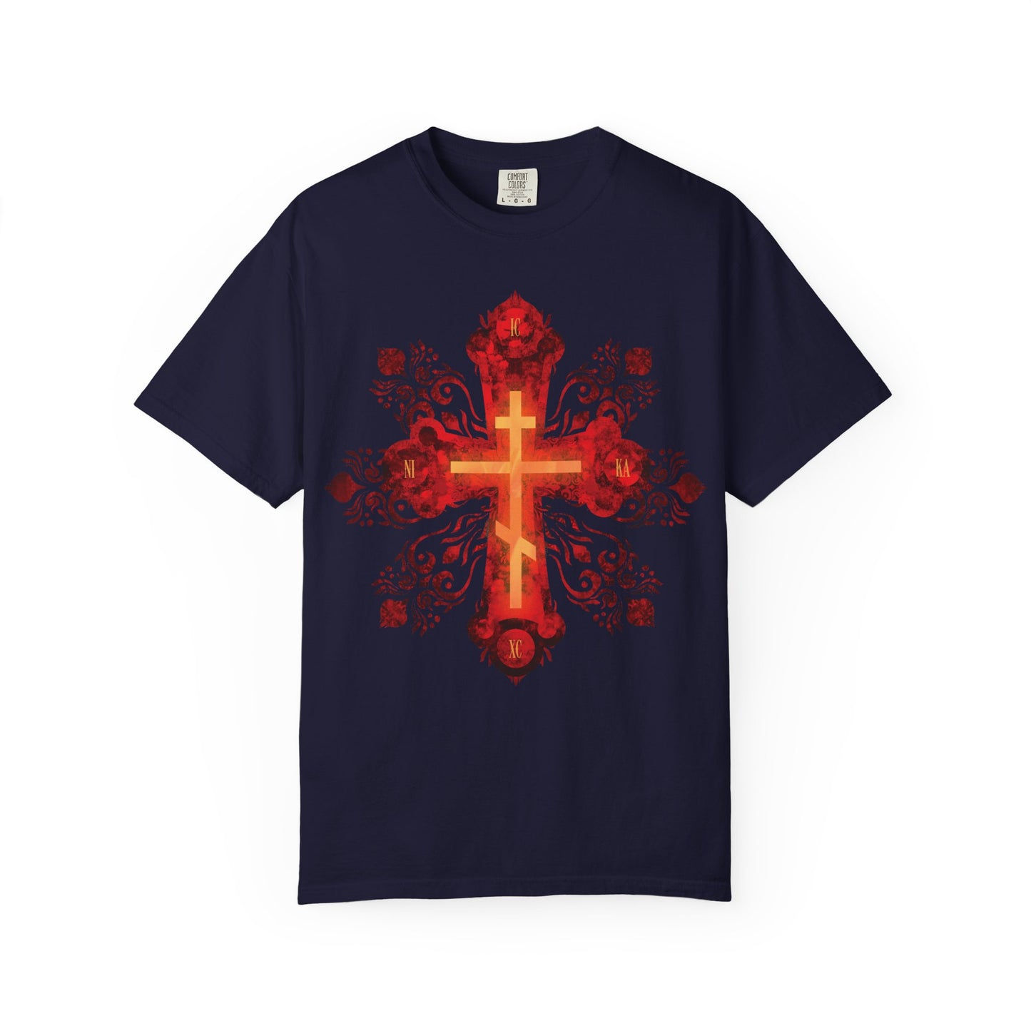 True navy heavyweight cotton unisex tee featuring a radiant gold and red ornate Russian-style Orthodox cross on the front, inspired by the spirit of a Christian warrior seeking their heavenly homeland.