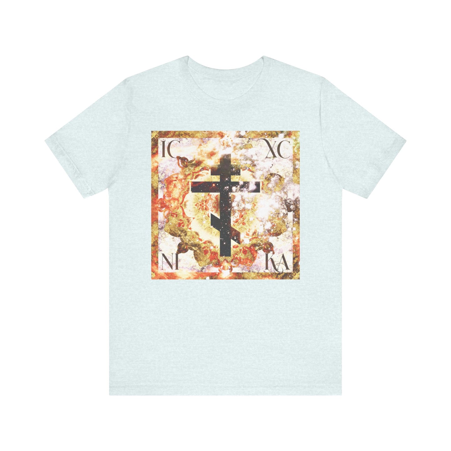 Heather ice blue unisex t-shirt featuring the ICXC NIKA beige and brown textured glowing cosmic art cross on lightweight cotton, symbolizing Orthodox Christian faith and the union of Divine and human nature in Christ’s Incarnation.