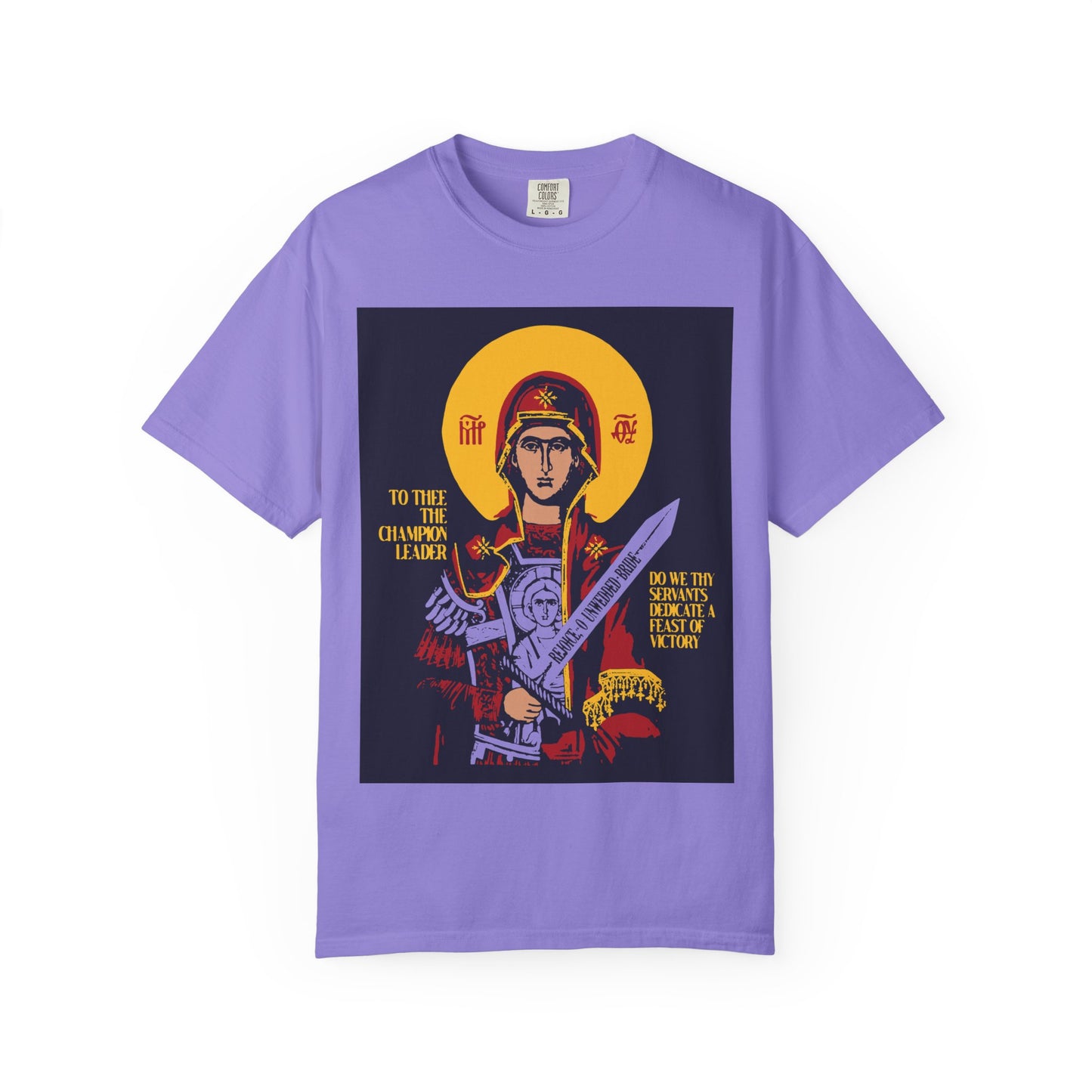 To Thee the Champion Leader | Mother of God | Theotokos with Sword IconoGraphic | Heavyweight Cotton Unisex Orthodox T-Shirt