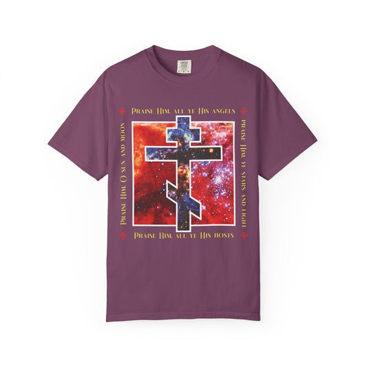 Praise Him All Ye His Angels, Praise Him Ye Stars and Light | Cosmic Orthodox Cross | Divine Council | Heavyweight Cotton Unisex Tee