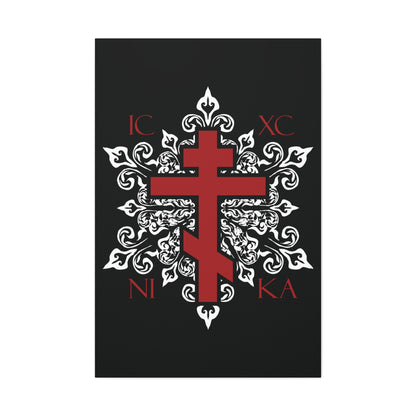 ICXC / NIKA Red Orthodox Cross on Ornate White Medieval Floral Design | Exclusive Best-Selling | Orthodox Christian Canvas Art