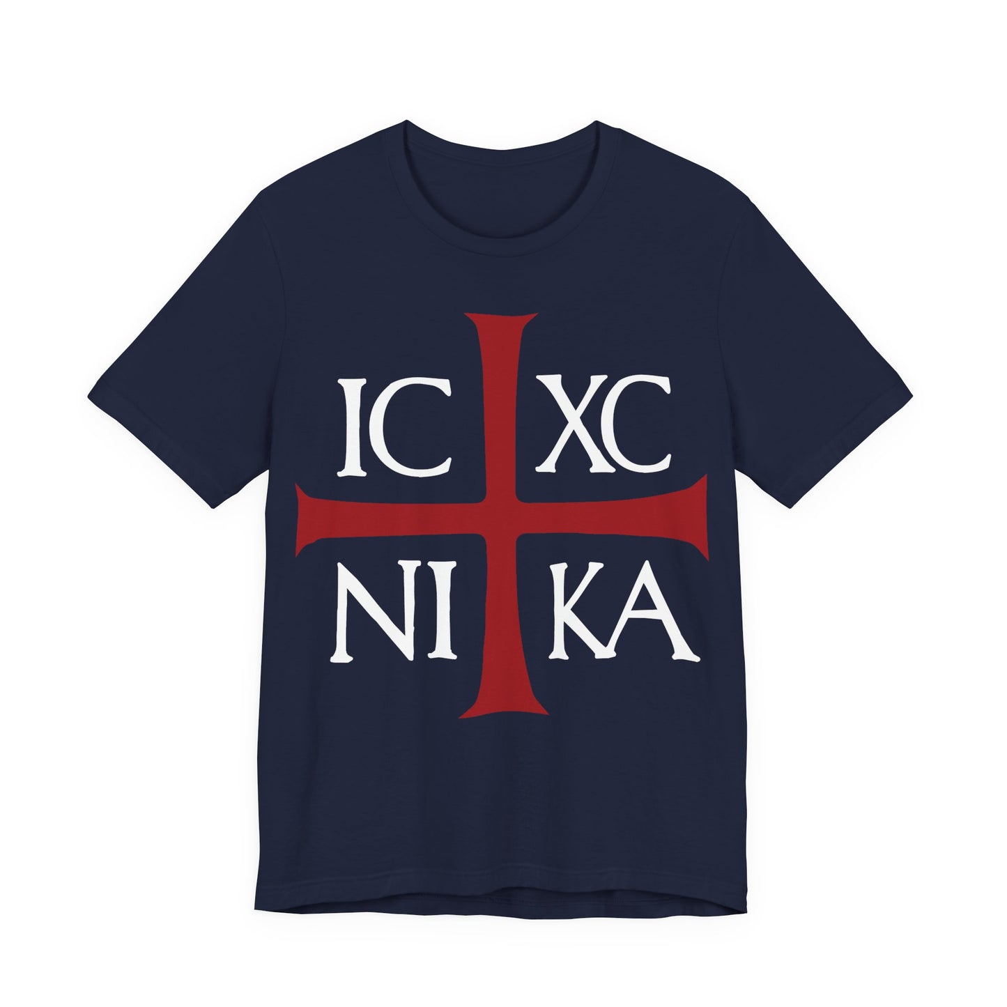 Navy ICXC NIKA t-shirt featuring a red cross and white ancient Byzantine Christogram—Jesus Christ Conquers—Orthodox Christian cotton tee inspired by faith and heritage.