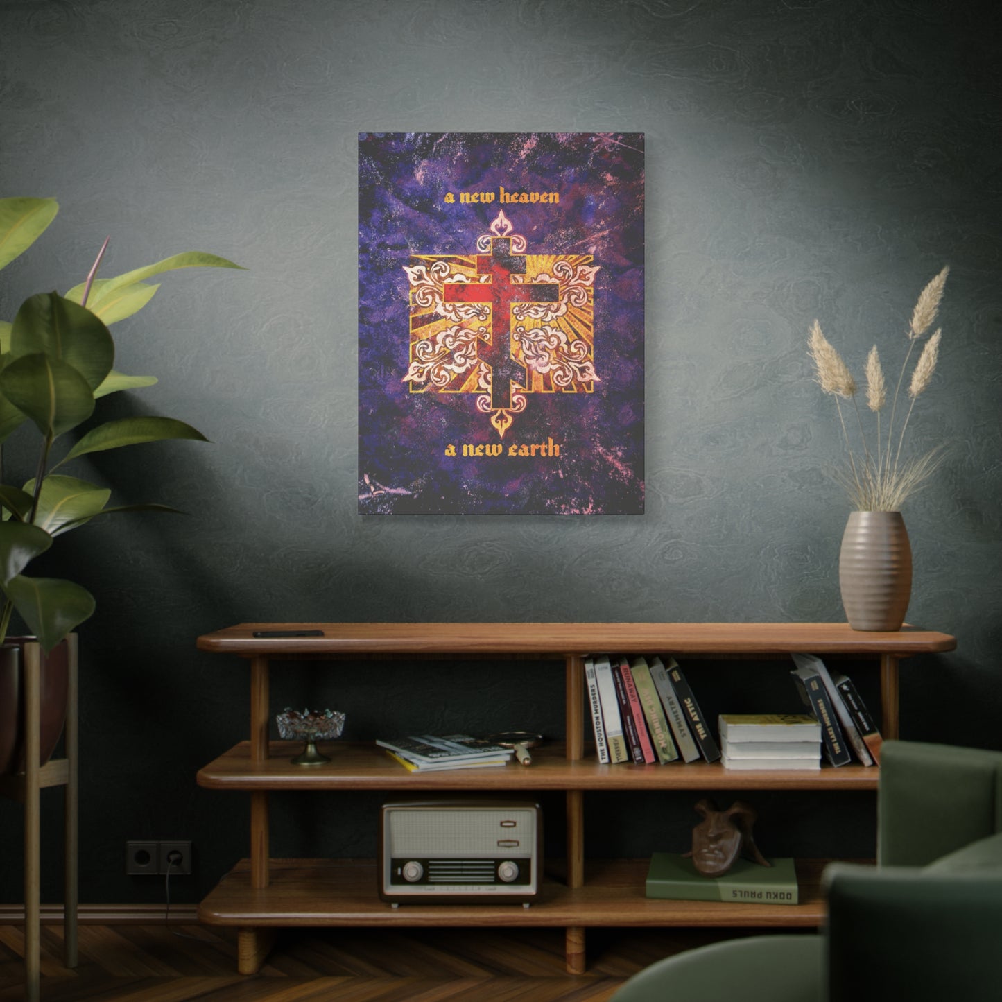 A New Heaven/A New Earth | Red Orthodox Cross on Textured Ornate Background | Christian Canvas Art