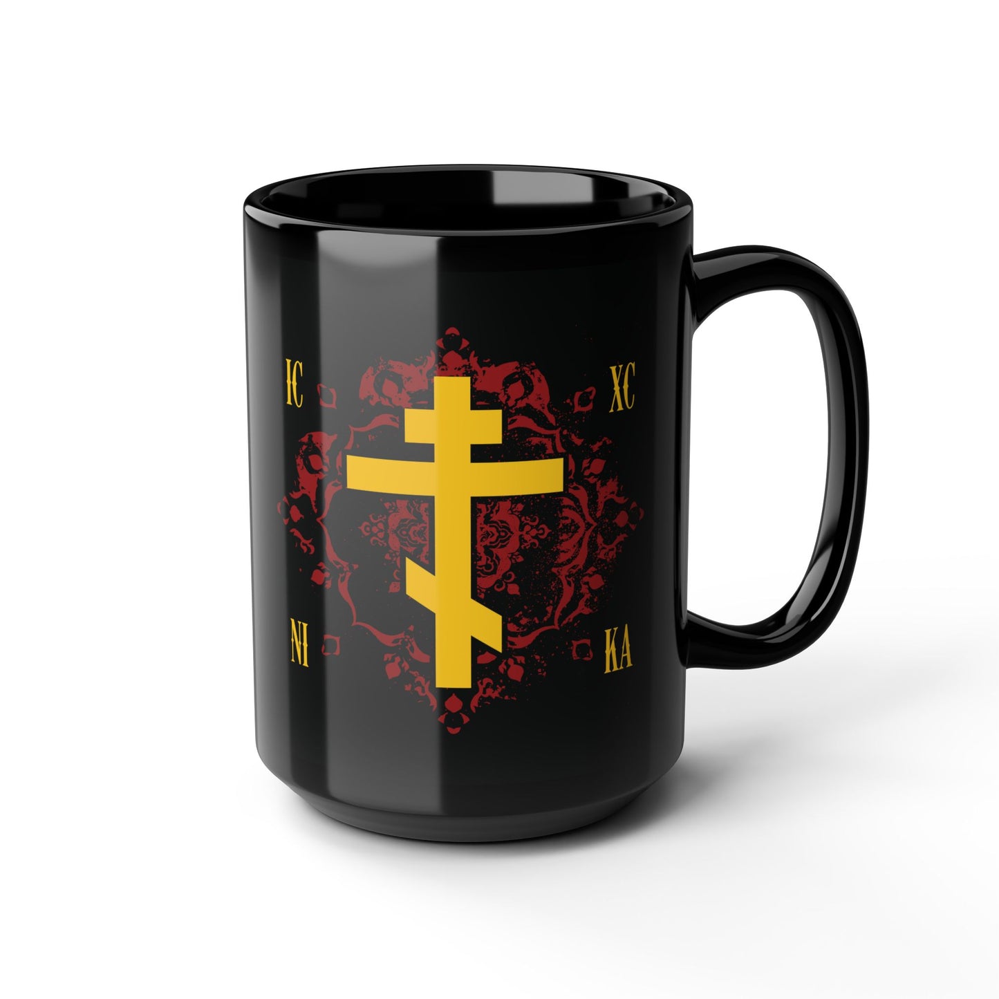 ICXC NIKA Yellow Russian Cross on Ornate Red Background Design | Jesus Christ Conquers | Orthodox Christian Black Mug