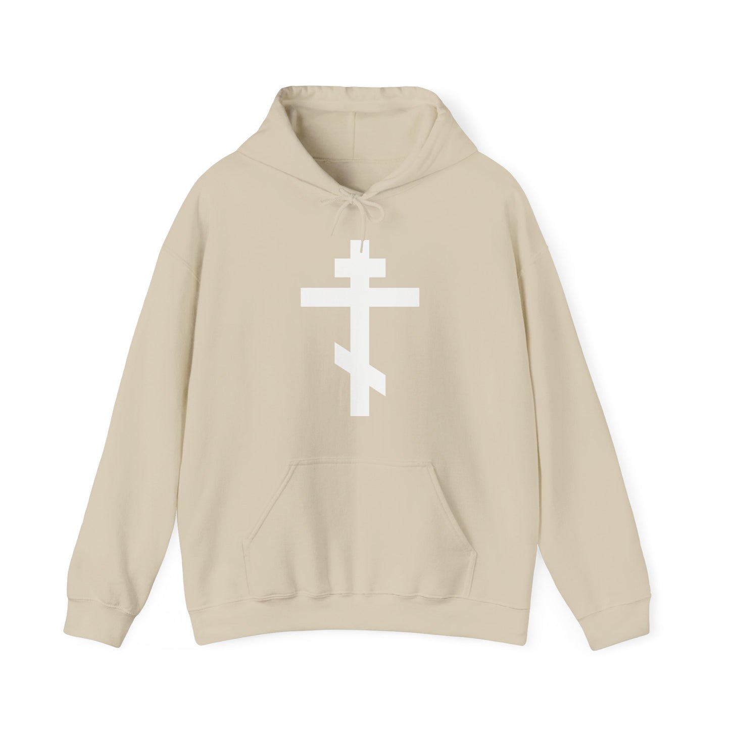 Sand hoodie showcasing a large white Orthodox Christian cross and the words “May I never boast, except in the cross of our Lord Jesus Christ” (Gal 6:14), inspired by the faith and teachings of St. John of Kronstadt.