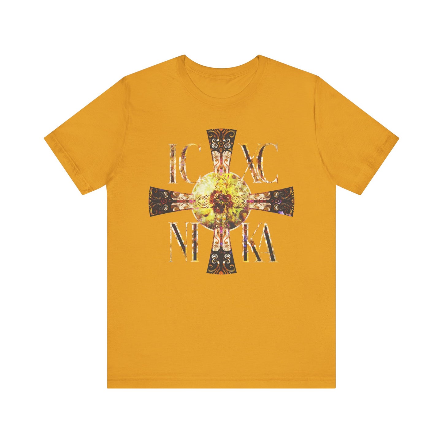 Mustard ICXC NIKA Celtic Style Equal Armed Cross tee, featuring a bright solar texture on soft Orthodox cotton. Unisex lightweight design.