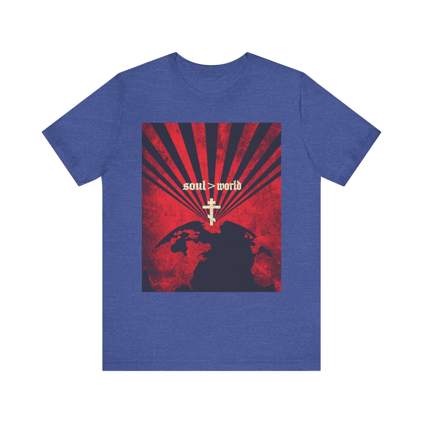 Heather True Royal lightweight cotton unisex tee featuring the bold “Soul Is Greater Than World” and “What Shall it Profit a Man” design from Matthew 16:26, with red earth graphics, a white cross, and globe and sword silhouettes on the front—an inspiring shirt rooted in Jesus’ teachings.