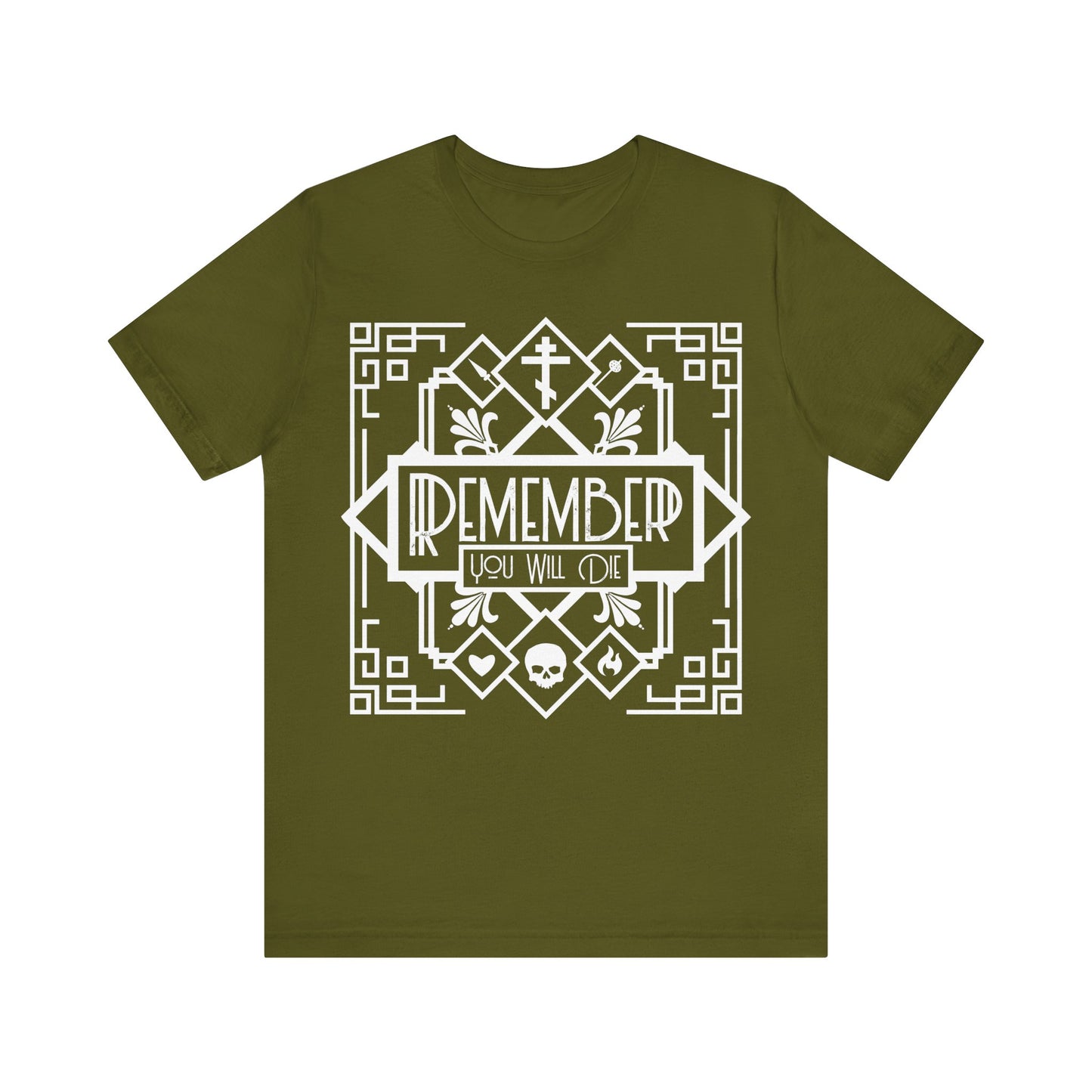 Olive unisex tee featuring black and white line art with "Remember You Will Die" text, skull, heart, and fire motifs. Art deco memento mori design inspired by Orthodox Christian themes and Tuesday Vespers. 100% cotton.