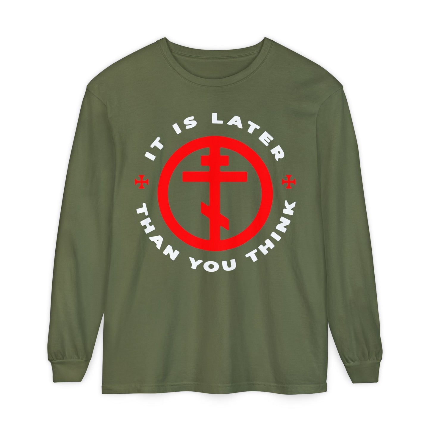 Hemp long-sleeve shirt featuring a red Orthodox cross in circle and "It is later than you think" in white, inspired by Fr Seraphim Rose and Romans 13:10-12—urging us to put on the armour of light.