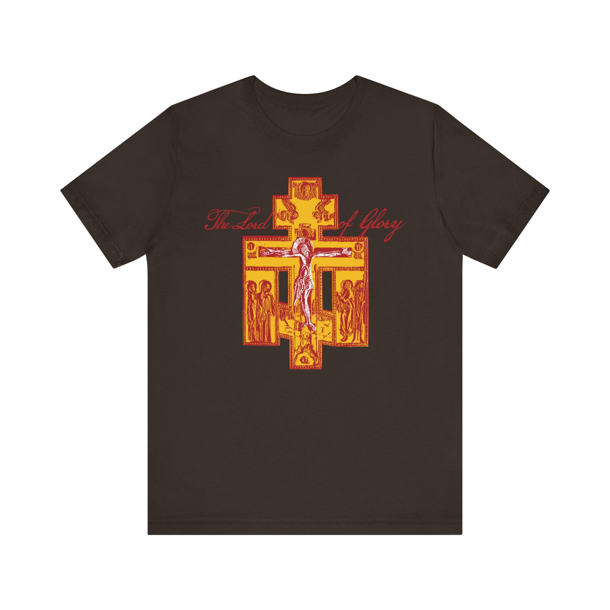 Brown "The Lord of Glory" unisex tee, featuring a yellow and red Russian Golgotha Crucifix iconographic artwork inspired by 1 Corinthians 2:8, with Orthodox Christian design.