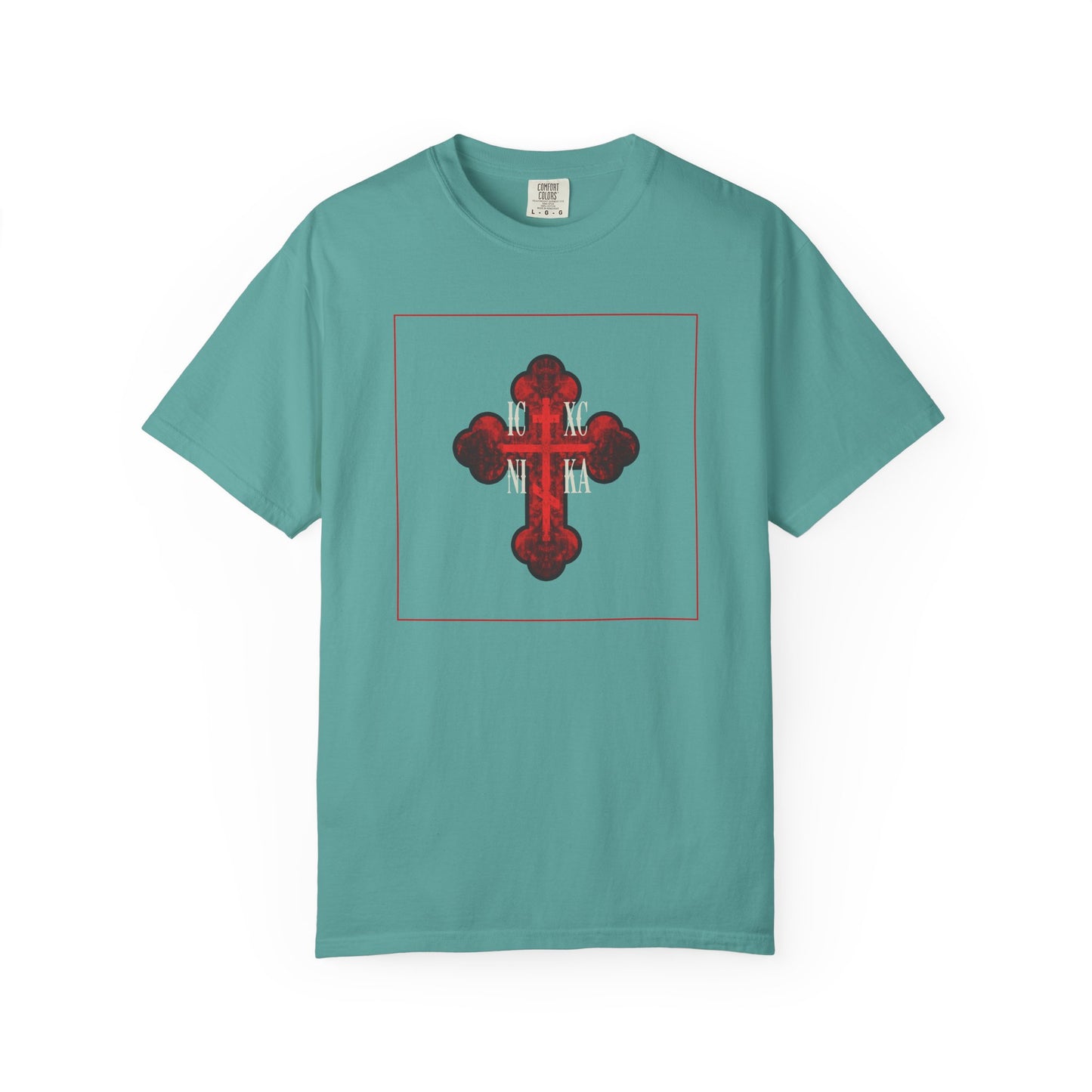 ICXC NIKA Red Glowing Ornate Textured Orthodox Cross heavyweight cotton unisex tee in seafoam, featuring a red, ornate precious cross design outlined with a thin red square centered on the front—a symbol of salvation that evokes sanctity and purification for the faithful.