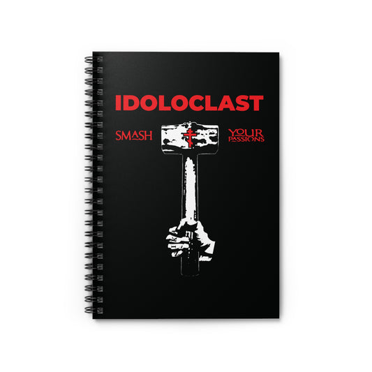The Idoloclast Idol-Smasher spiral notebook features Jesus’ fist with sledgehammer, "Smash Your Passions," and ICXC NIKA—ideal for reflection on Christian asceticism and Orthodox inspiration.