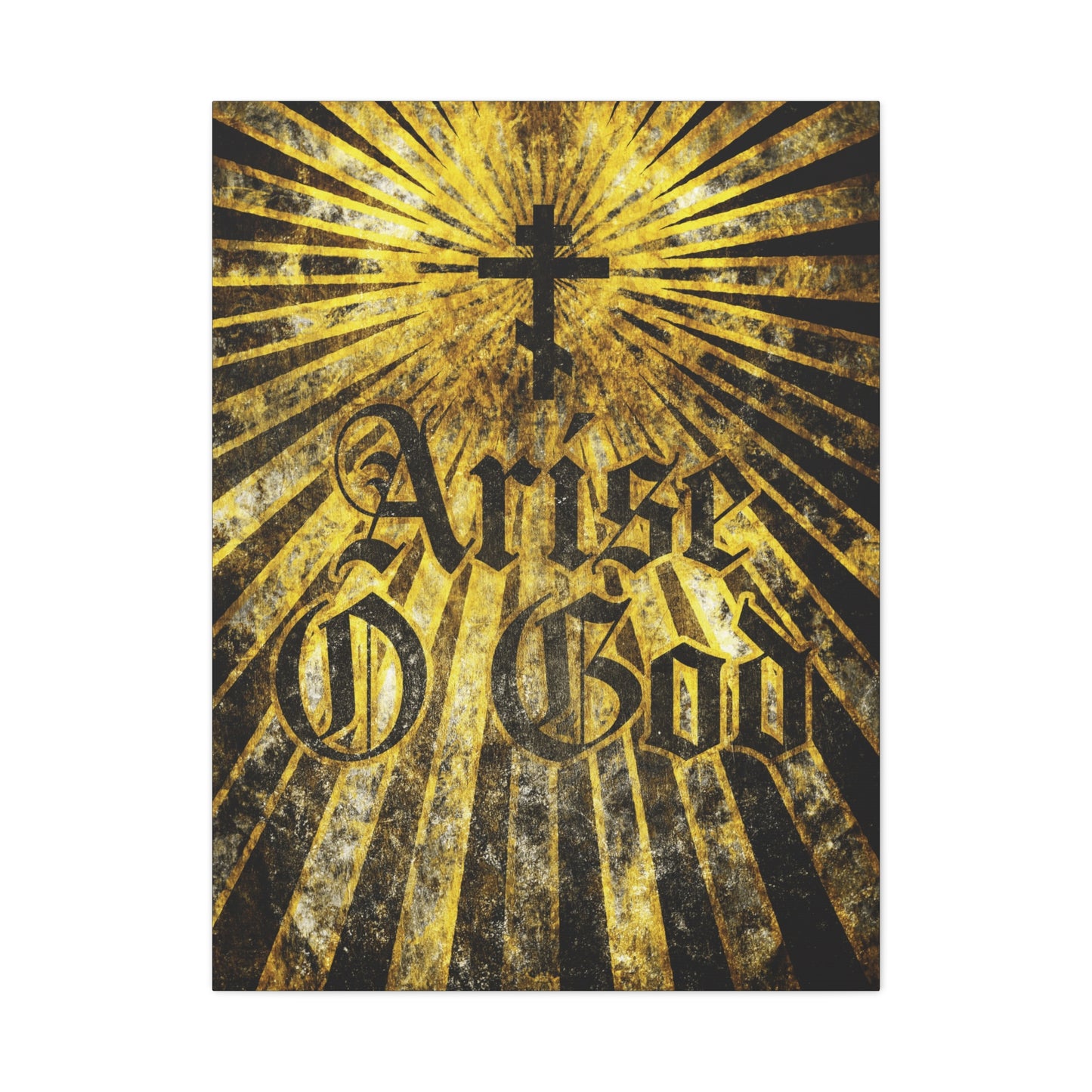 The "Arise O God" Orthodox Christian wall art features a textured Gothic font, Orthodox cross, and golden rays, referencing Psalm 81 (82 LXX) and the Divine Council worldview.