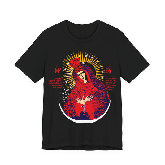 Black cotton T-shirt featuring Our Lady the Gate of Dawn Icono-Graphic with red, blue, and gold design, inspired by Orthodox tradition and titled "Theotokos Crowned | Woman of the Apocalypse.
