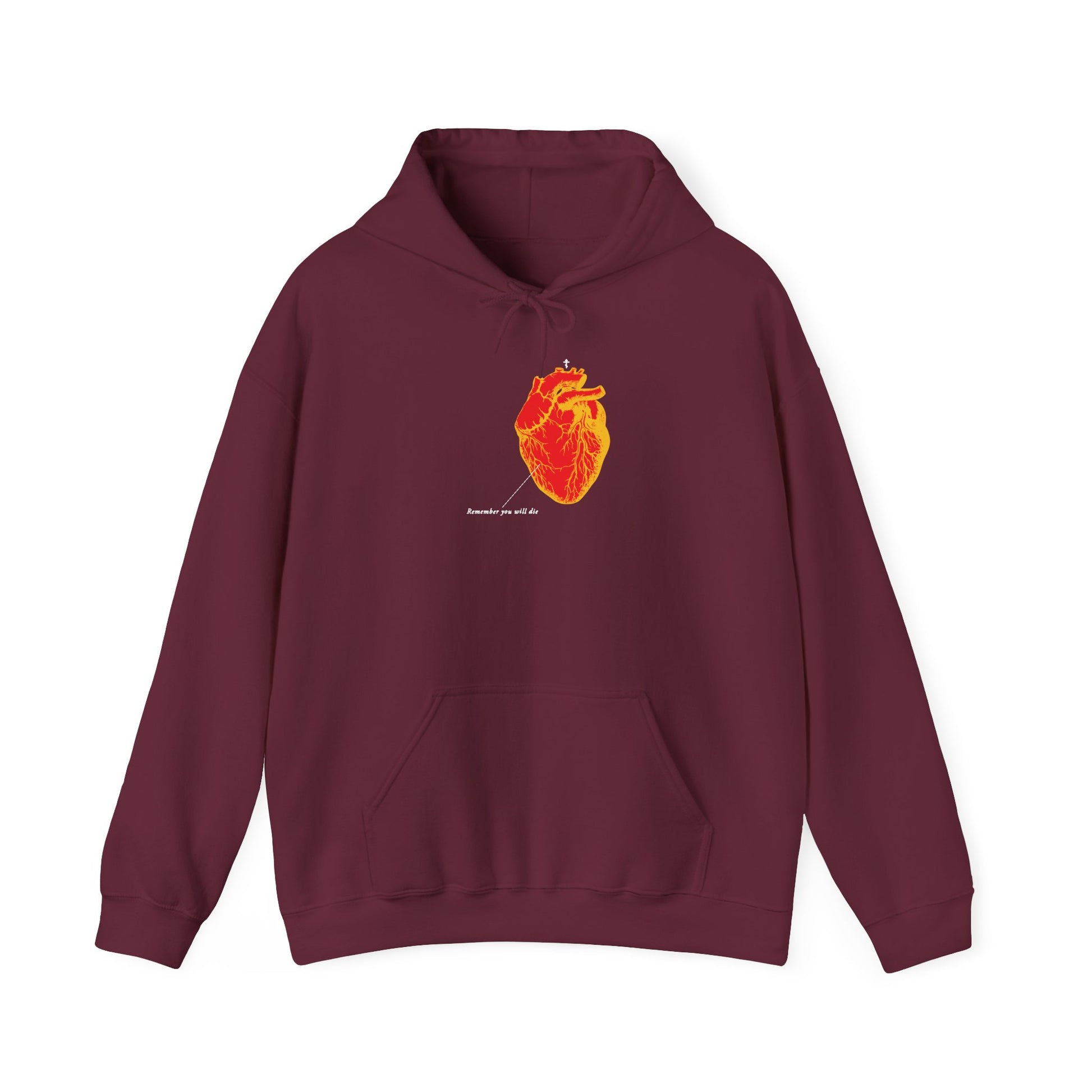 Maroon "Remember You Will Die" hoodie with inverted red & orange retro medical textbook heart design and small white text beneath, inspired by Memento Mori and Orthodox Christian themes.
