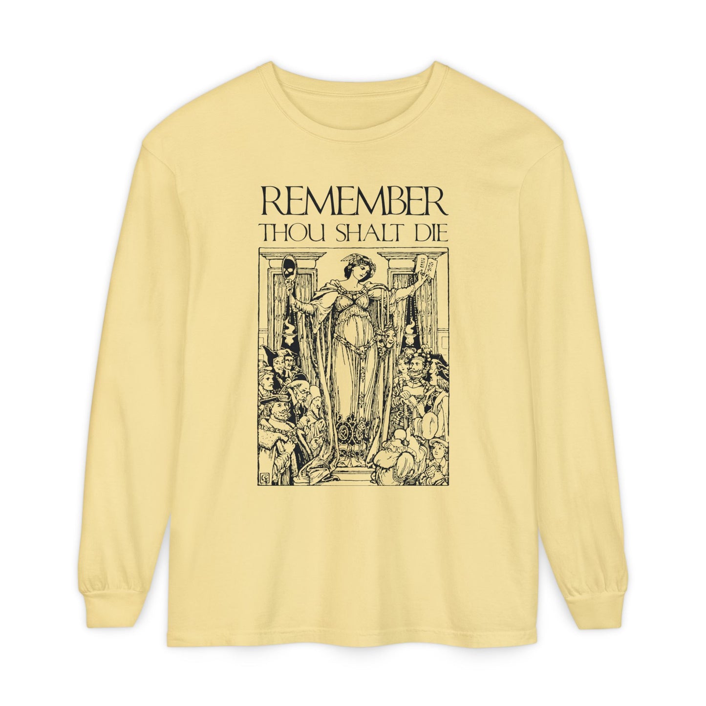 Remember You Will Die Shakespearean Design | Memento Mori | Classic Woodcut Illustration Aesthetic | Orthodox Christian Long Sleeve