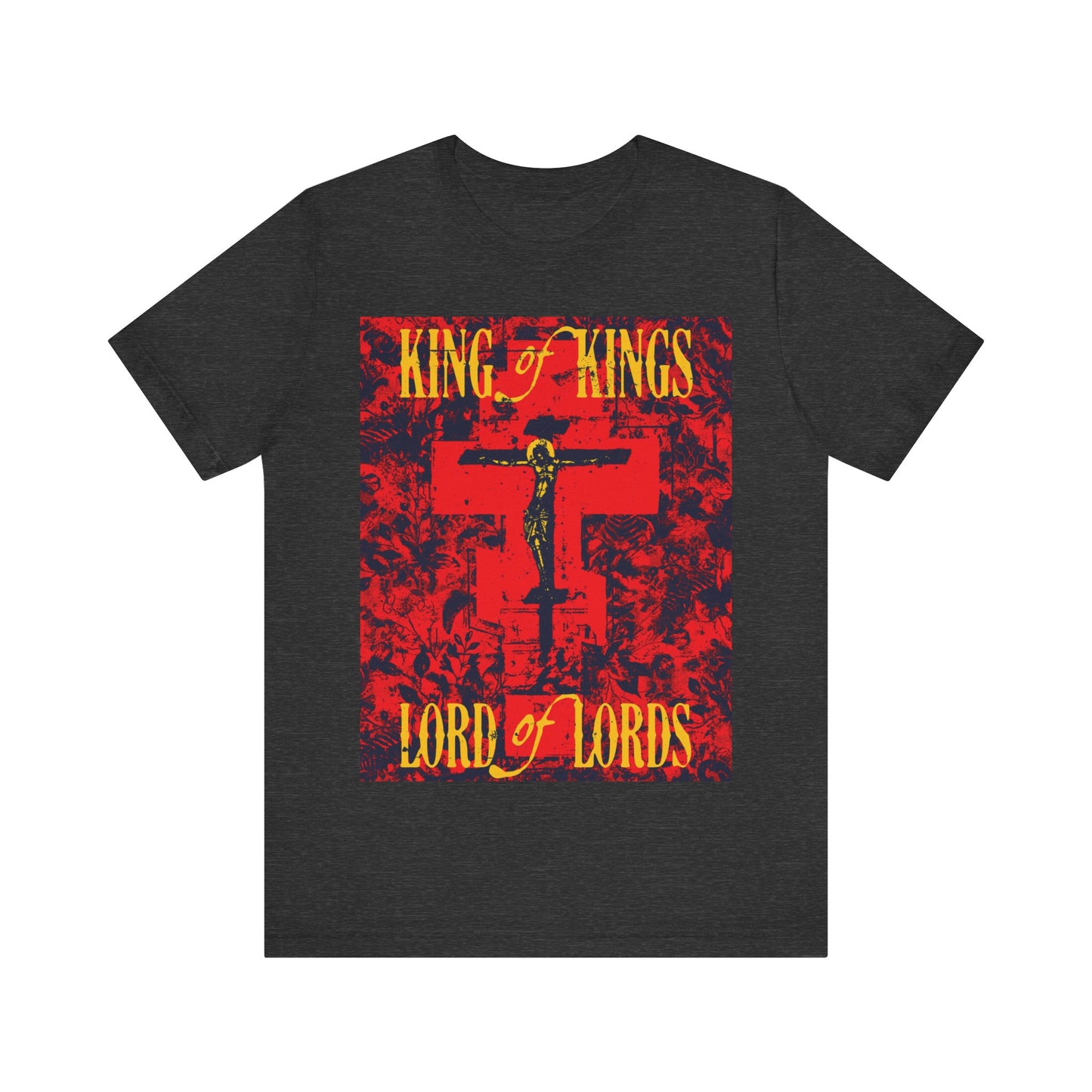 King of Kings, Lord of Lords | Christ Crucified Orthodox Icono-Graphic | Yellow & Red Design | Nature Texture | Lightweight Cotton Unisex T-Shirt