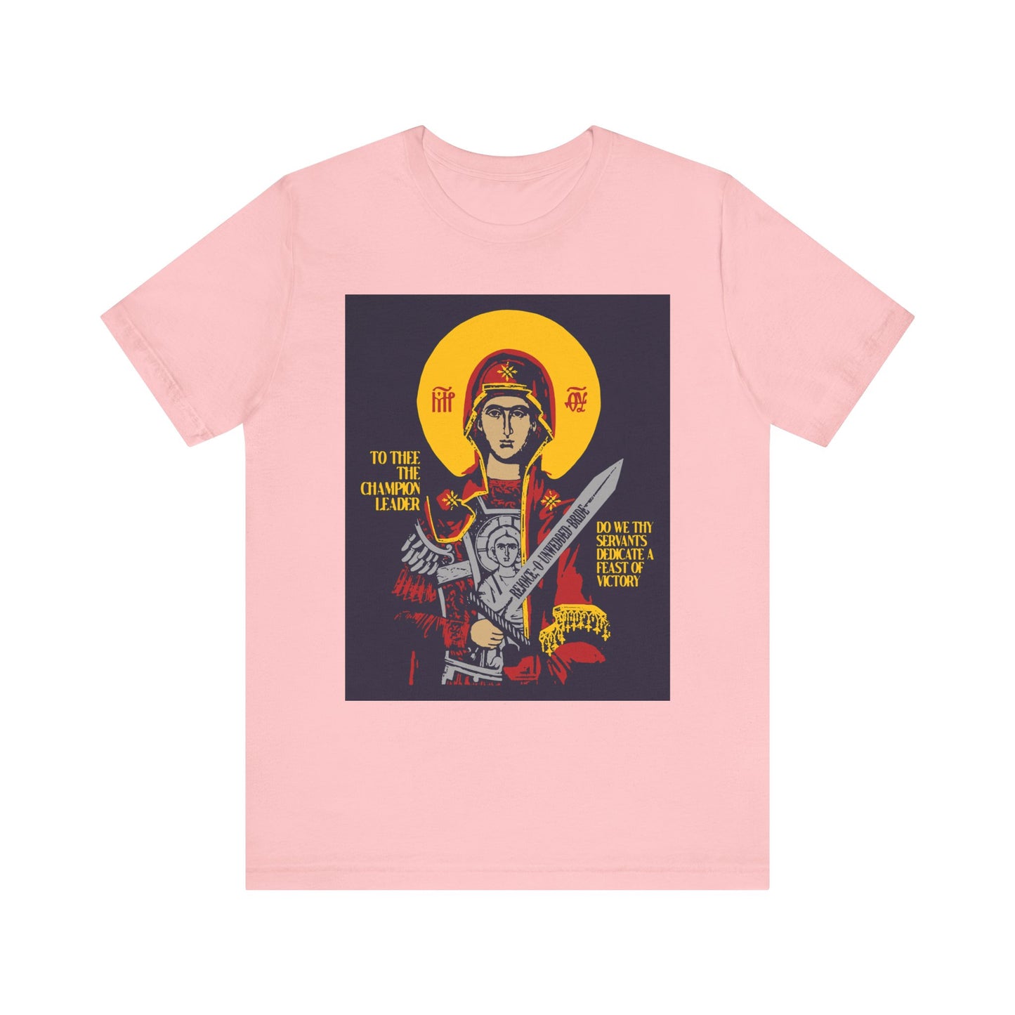 Pink lightweight cotton unisex tee featuring an illustrated Theotokos with sword, gold halo, and yellow text: "To Thee the Champion Leader." Orthodox Christian iconographic design.