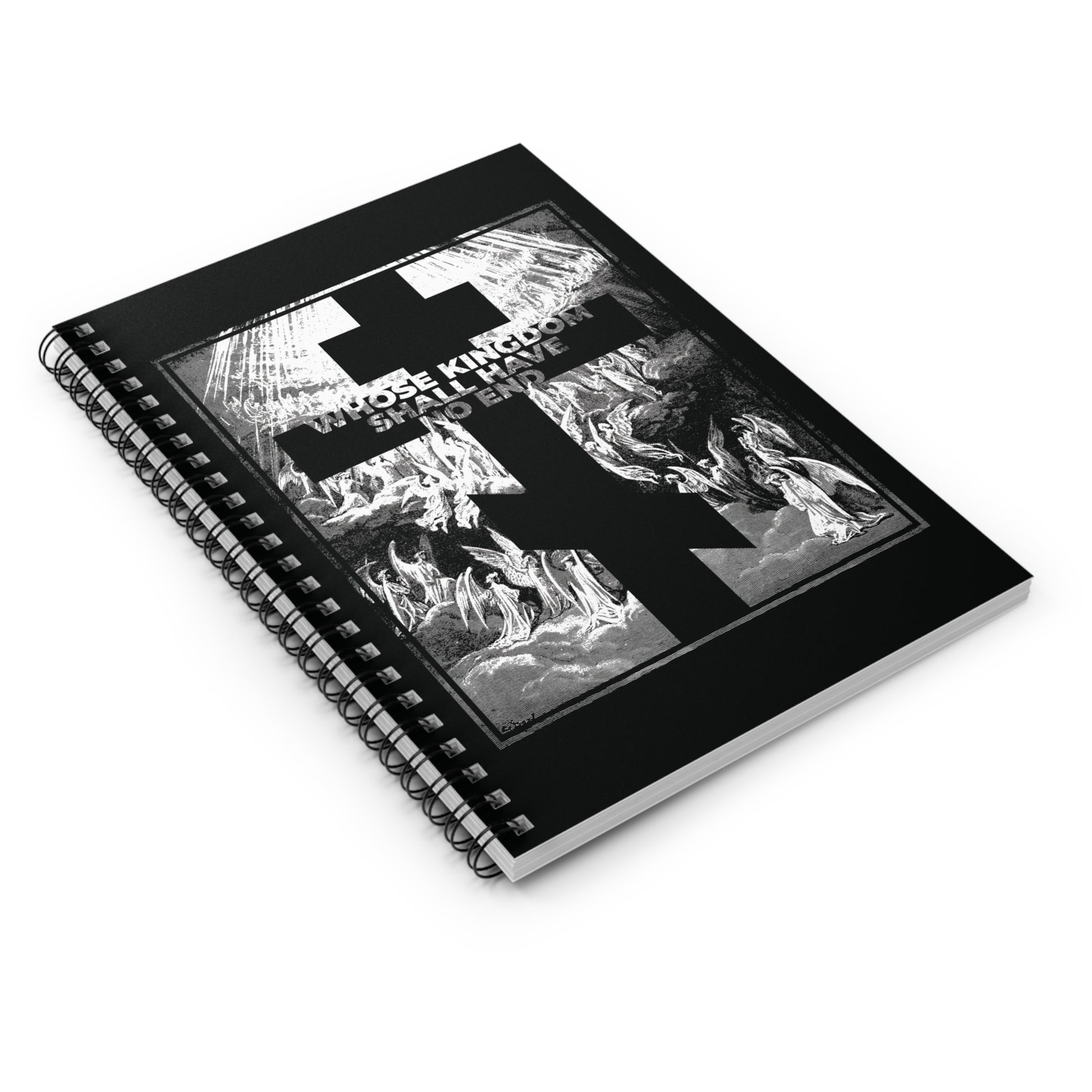Whose Kingdom Shall Have No End Orthodox Spiral Notebook features a black cover with striking monochrome artwork inspired by the Nicene Creed and Gustave Dore etching, reflecting the Christian faith and themes from Revelation. Spiral-bound for convenience.