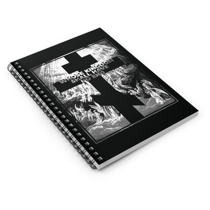 Whose Kingdom Shall Have No End Orthodox Spiral Notebook features a black cover with striking monochrome artwork inspired by the Nicene Creed and Gustave Dore etching, reflecting the Christian faith and themes from Revelation. Spiral-bound for convenience.
