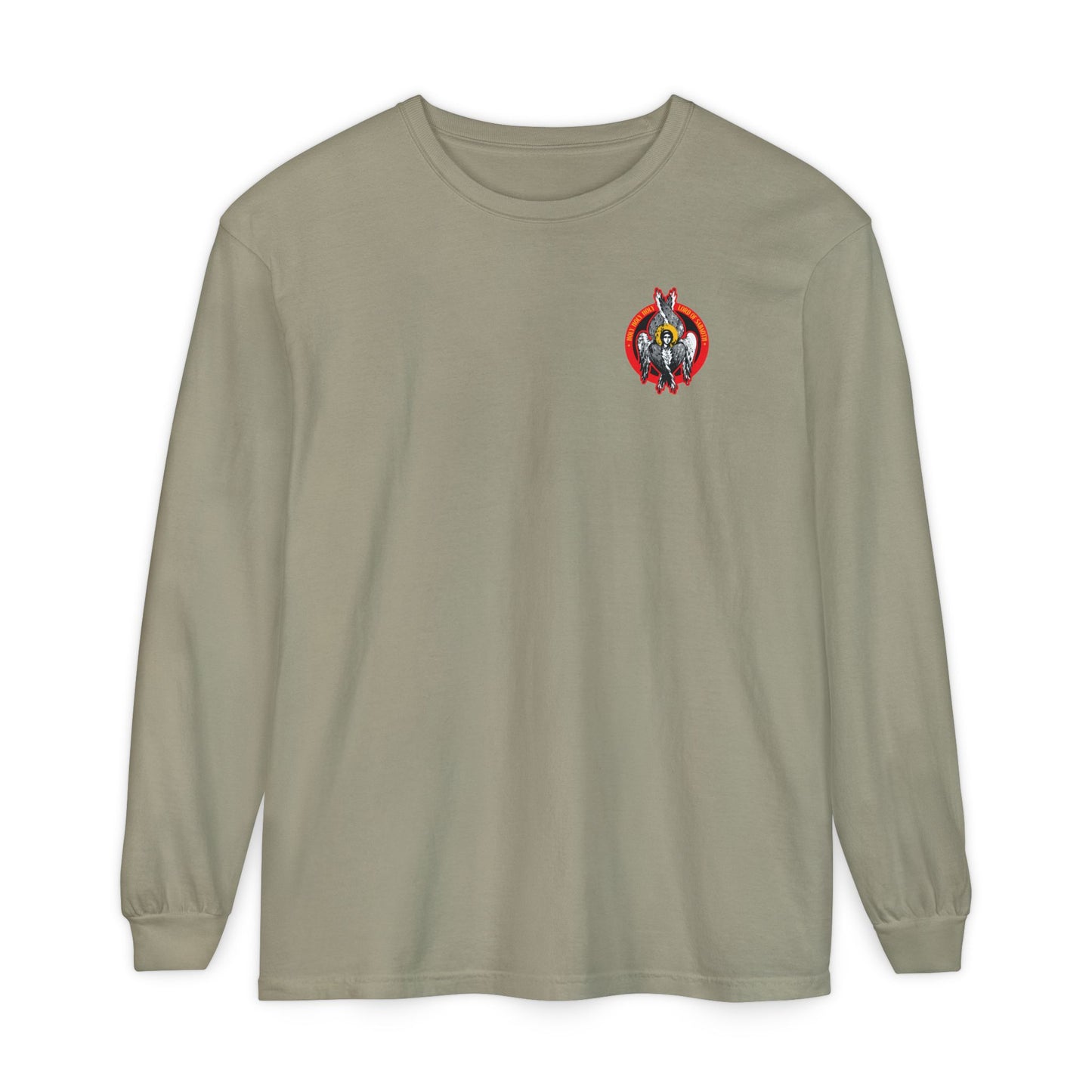 Sandstone long-sleeve cotton shirt featuring a small, colorful Seraphim angel graphic on the upper left chest. Inspired by heavenly hosts and divine council themes. Holy Holy Holy Angel Icono-Graphic (Small Design).