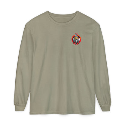 Sandstone long-sleeve cotton shirt featuring a small, colorful Seraphim angel graphic on the upper left chest. Inspired by heavenly hosts and divine council themes. Holy Holy Holy Angel Icono-Graphic (Small Design).