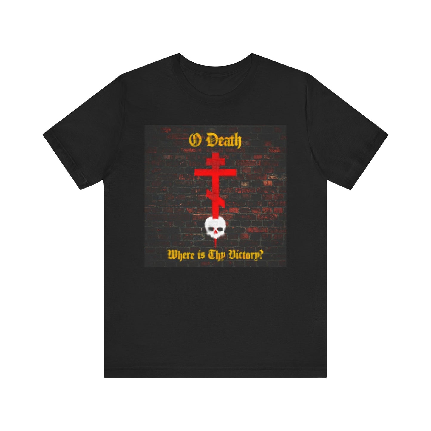 O Death, Where is Thy Victory? Orthodox Cross Stabbing Skull Brick Wall Graffiti Aesthetic Christian Lightweight Cotton Unisex T-Shirt in black, featuring a vivid red cross piercing a white skull and yellow text—“O Death, Where is Thy Victory?”—symbolizing the triumph over death as celebrated in Baptism and the teachings of St. Cyril of Jerusalem, with a striking brick wall graffiti-inspired design.
