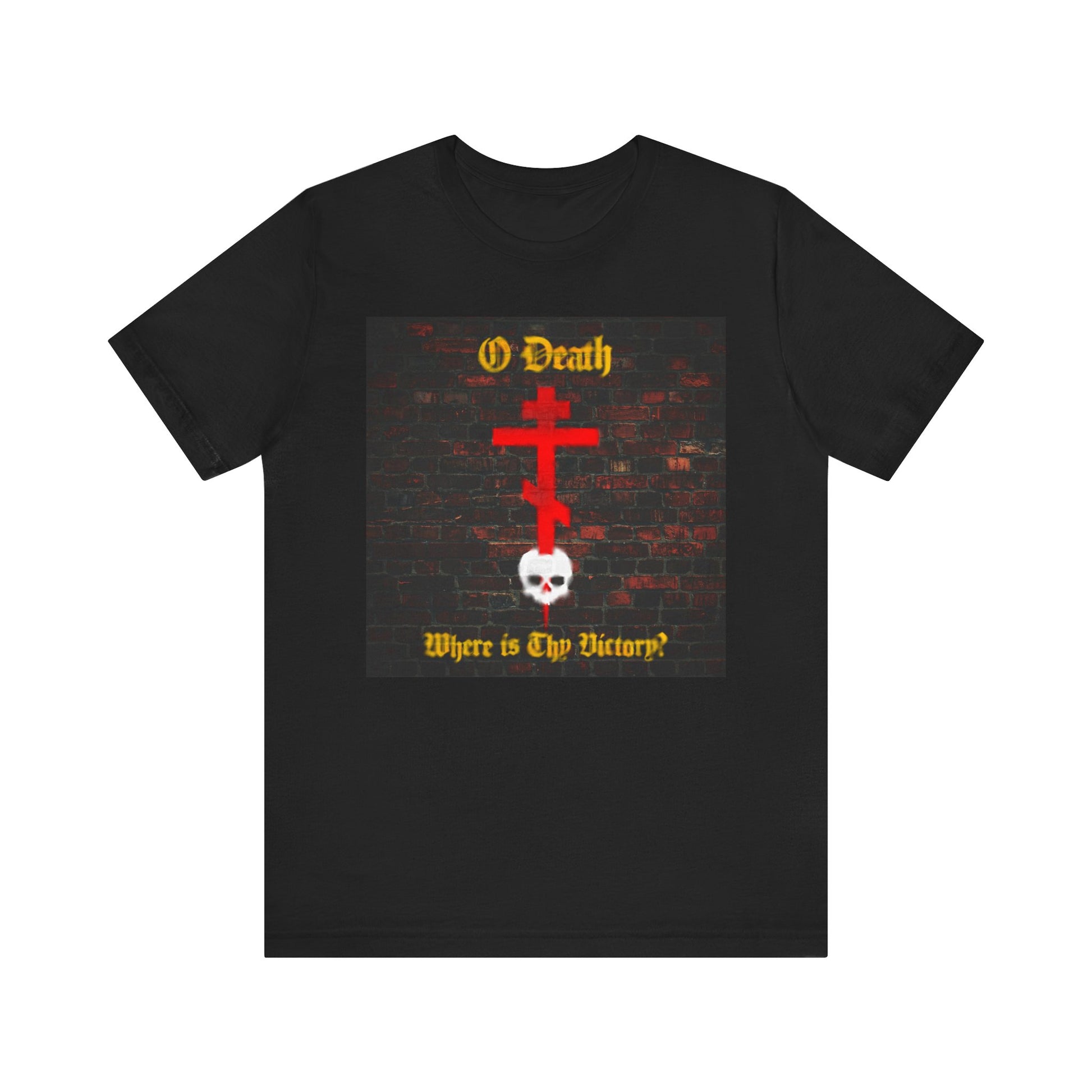 O Death, Where is Thy Victory? Orthodox Cross Stabbing Skull Brick Wall Graffiti Aesthetic Christian Lightweight Cotton Unisex T-Shirt in black, featuring a vivid red cross piercing a white skull and yellow text—“O Death, Where is Thy Victory?”—symbolizing the triumph over death as celebrated in Baptism and the teachings of St. Cyril of Jerusalem, with a striking brick wall graffiti-inspired design.