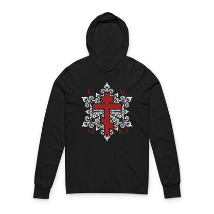 ICXC / NIKA Red Orthodox Cross on Ornate White Medieval Floral Design | Exclusive Best-Selling | Orthodox Long Sleeve Hooded Shirt