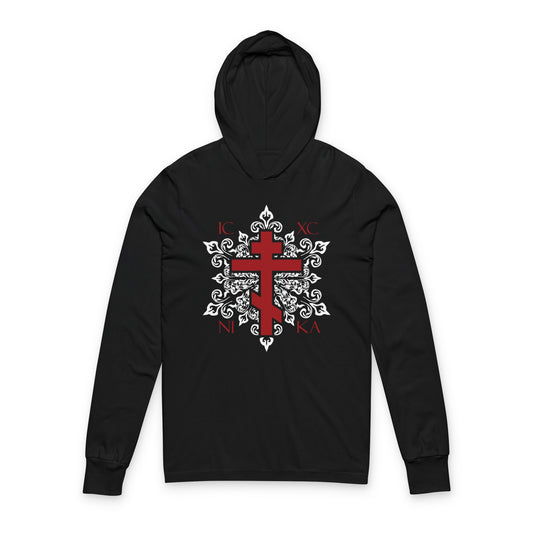 ICXC / NIKA Red Orthodox Cross on Ornate White Medieval Floral Design | Exclusive Best-Selling | Orthodox Long Sleeve Hooded Shirt