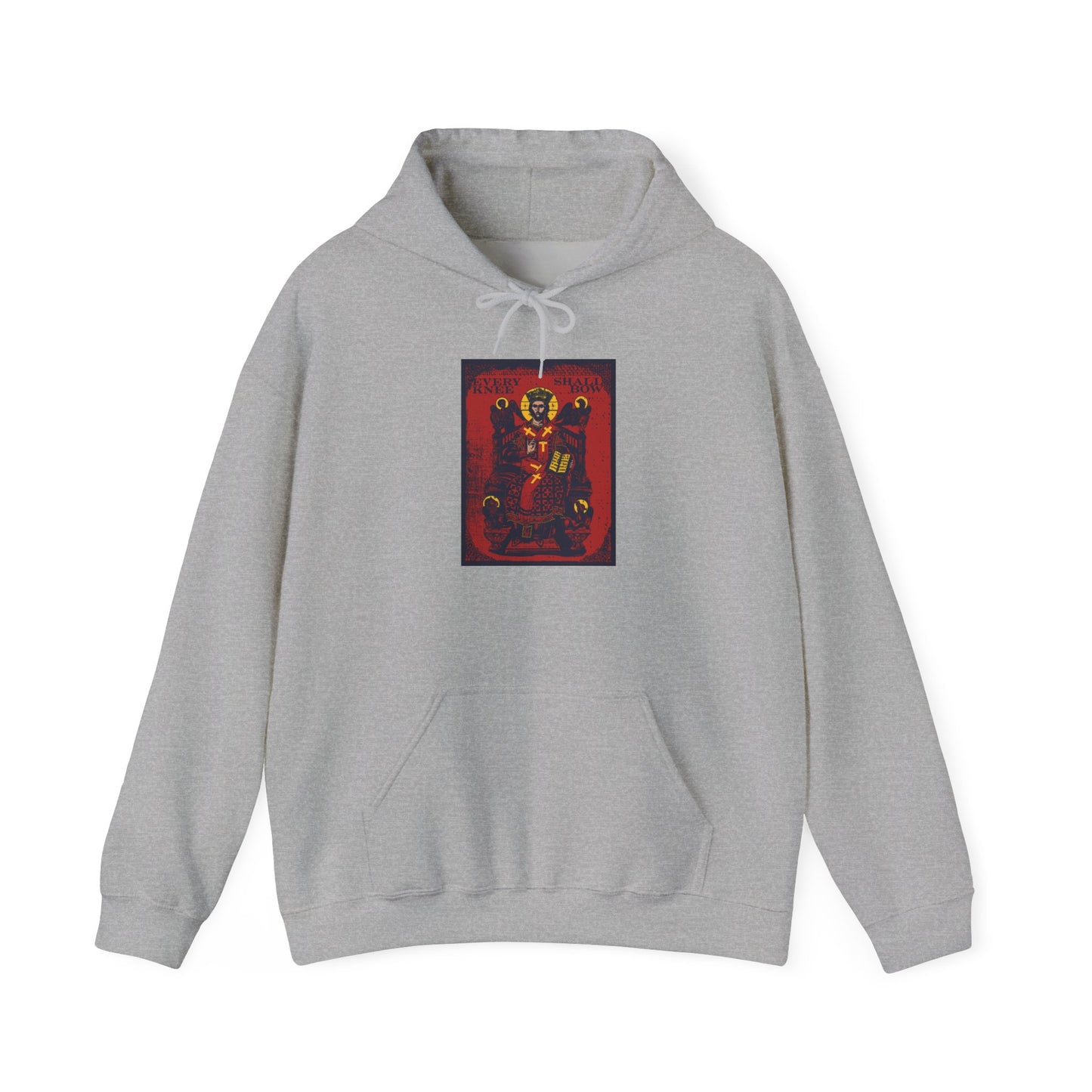 Sport Grey hoodie titled “Every Knee Shall Bow (Phil 2:8-11, Isaiah 45:23) | Christ Enthroned IconoGraphic” featuring a vibrant red and yellow design inspired by Orthodox iconography with Christ enthroned and the four living creatures of Ezekiel’s chariot on the front center, proclaiming “Jesus Christ is Lord” as a reflection of Philippians 2:8-11 and Isaiah 45:23, reminding us that every knee shall bow.