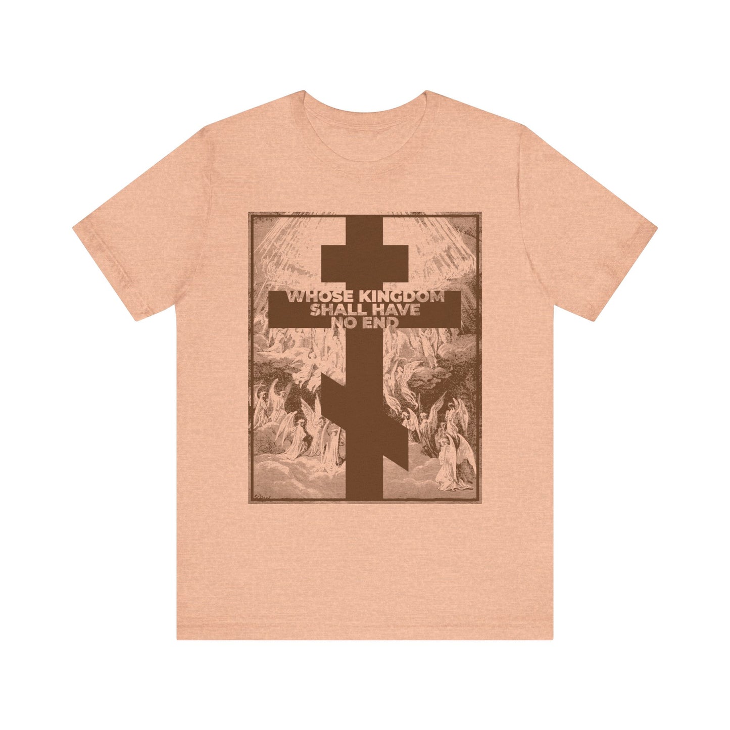 Introducing the "Whose Kingdom Shall Have No End" Lightweight Cotton Unisex T-Shirt—a tan tee featuring a bold brown cross, the iconic Nicene Creed phrase “WHOSE KINGDOM SHALL HAVE NO END,” and a striking background illustration inspired by Gustave Doré’s Apocalypse/Revelation artwork. This meaningful piece embodies core Christian belief and reflects Apostolic Church heritage.