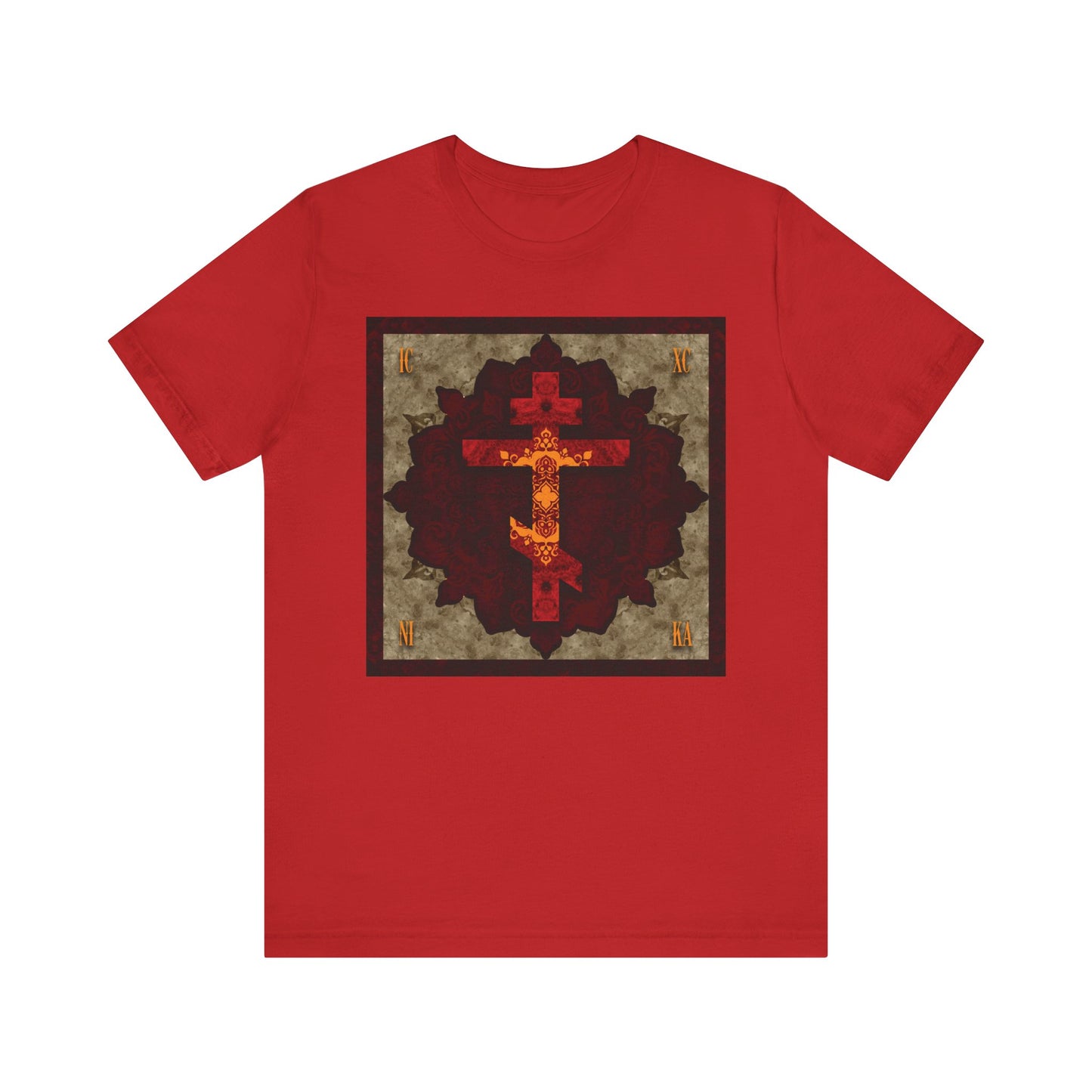 ICXC NIKA Artistic Textured Red & Gold Russian Cross Orthodox Christian Lightweight Cotton Unisex T-Shirt in red, featuring a decorative cross motif on the chest inspired by Christian virtues and the enduring humility of St. John of Shanghai and San Francisco.