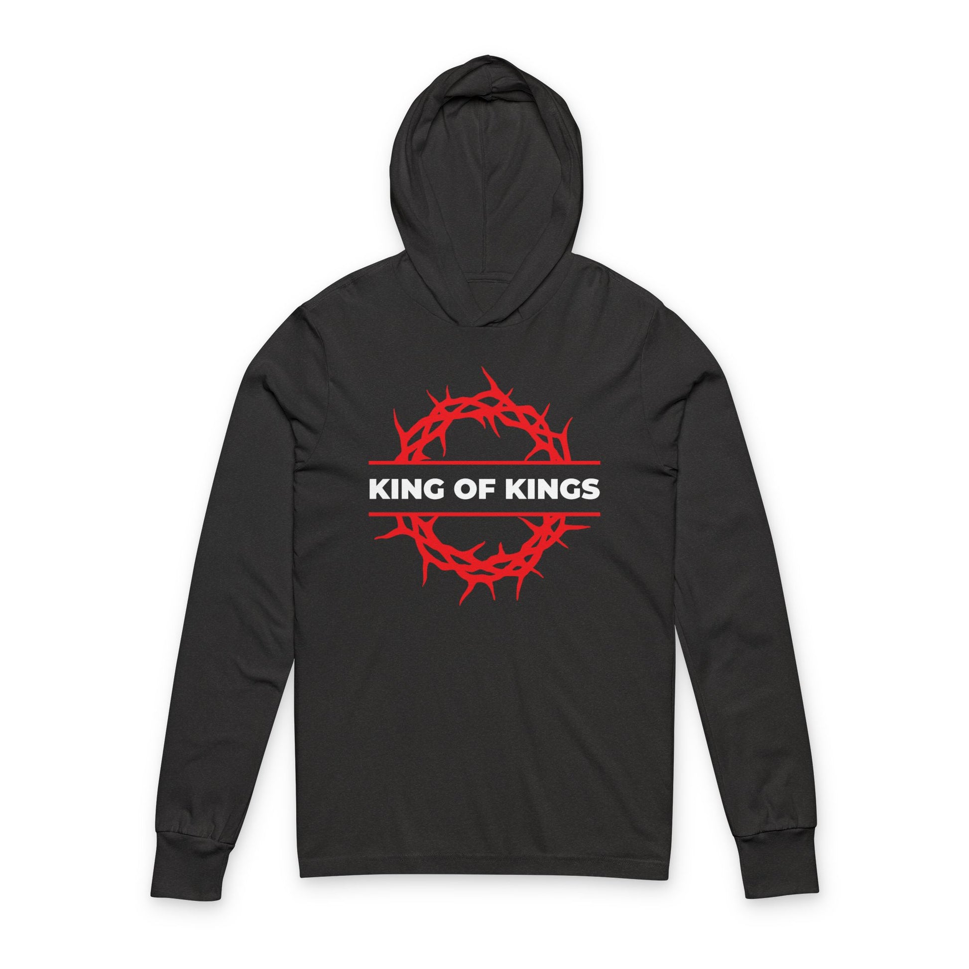 Charcoal Black TriBlend hoodie featuring a red crown of thorns and KING OF KINGS, inspired by Revelation 19:16—The King of Kings Crown of Thorns Christian Cotton Hooded Shirt.